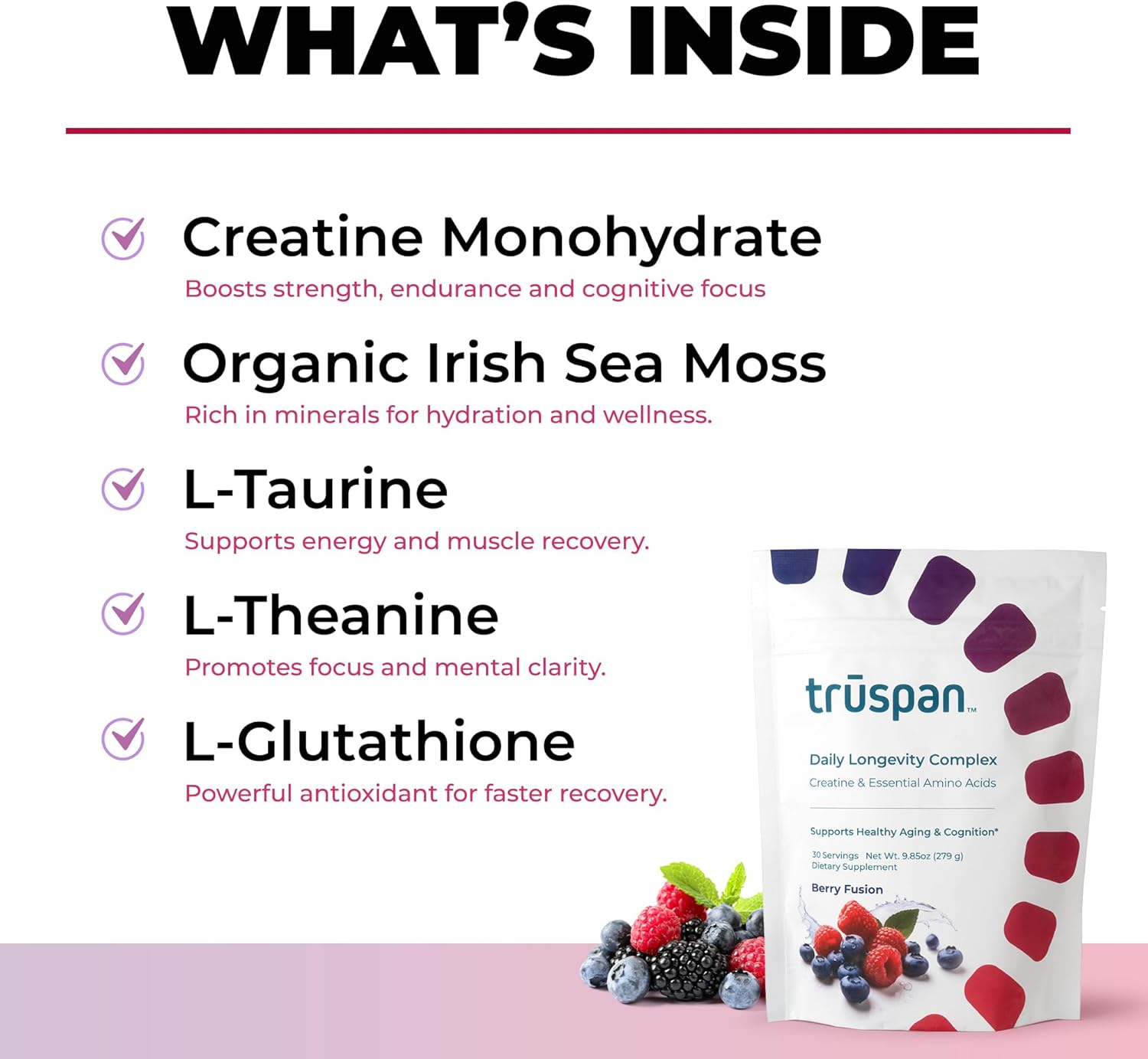 TruSpan Daily Longevity Complex Creatine Powder, with Essential Amino Acids, Sugar Free, Berry Fusion Flavor, 30 Servings