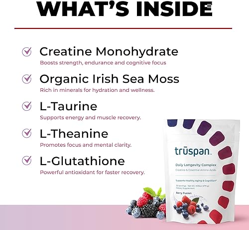 Miniatura 2 de TruSpan Daily Longevity Complex Creatina en polvo, con aminoácidos esenciales, sin azúcar, sabor a fusión de bayas, 30 porciones