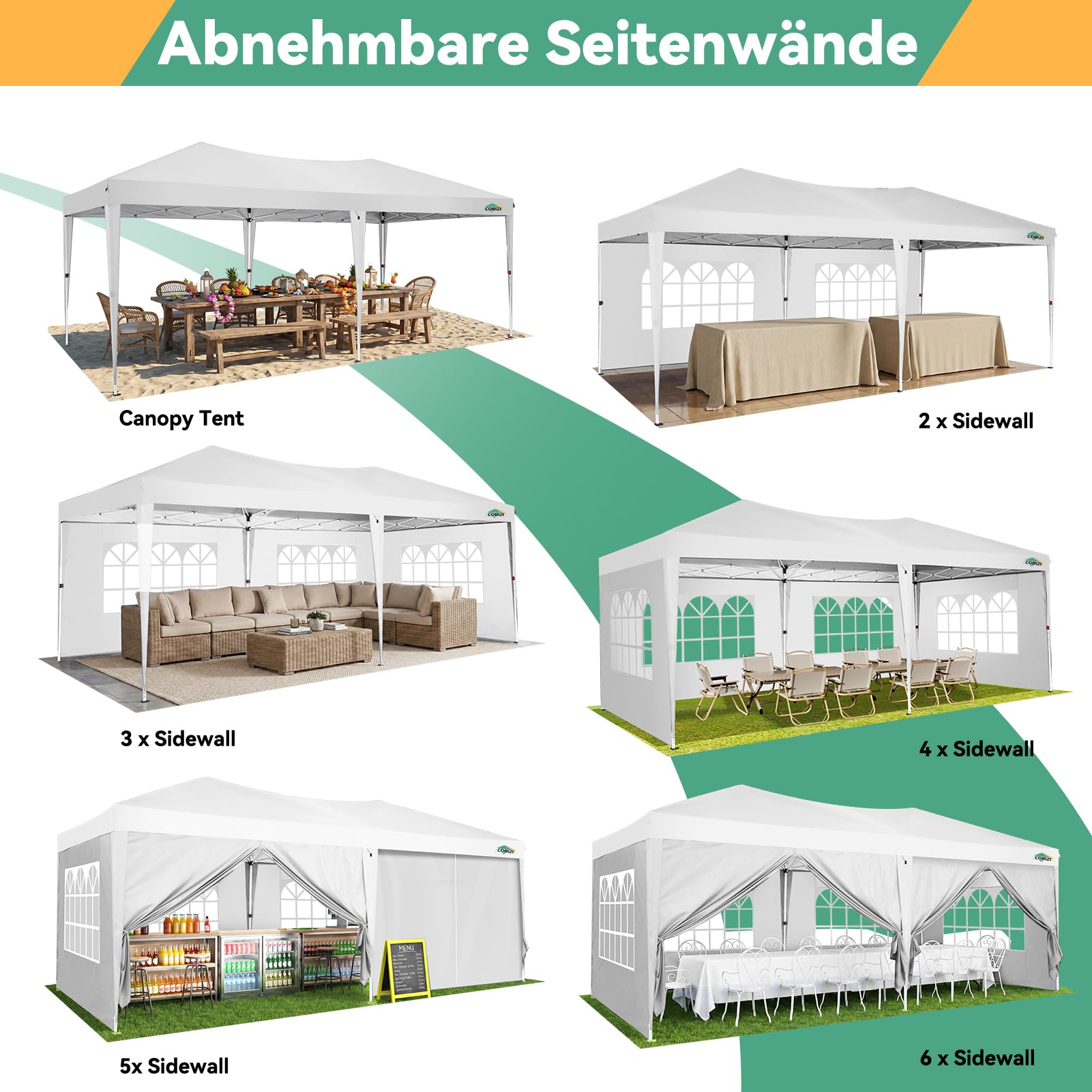 COBIZI Pavillon 3x6 Faltpavillon Wasserdicht Stabil Winterfest Faltbar Partyzelt mit 6 Seitenteilen Pop up Gartenpavillon UV Schutz 50+ Höhenverstellbar für Strand Hochzeit Camping, Weiß