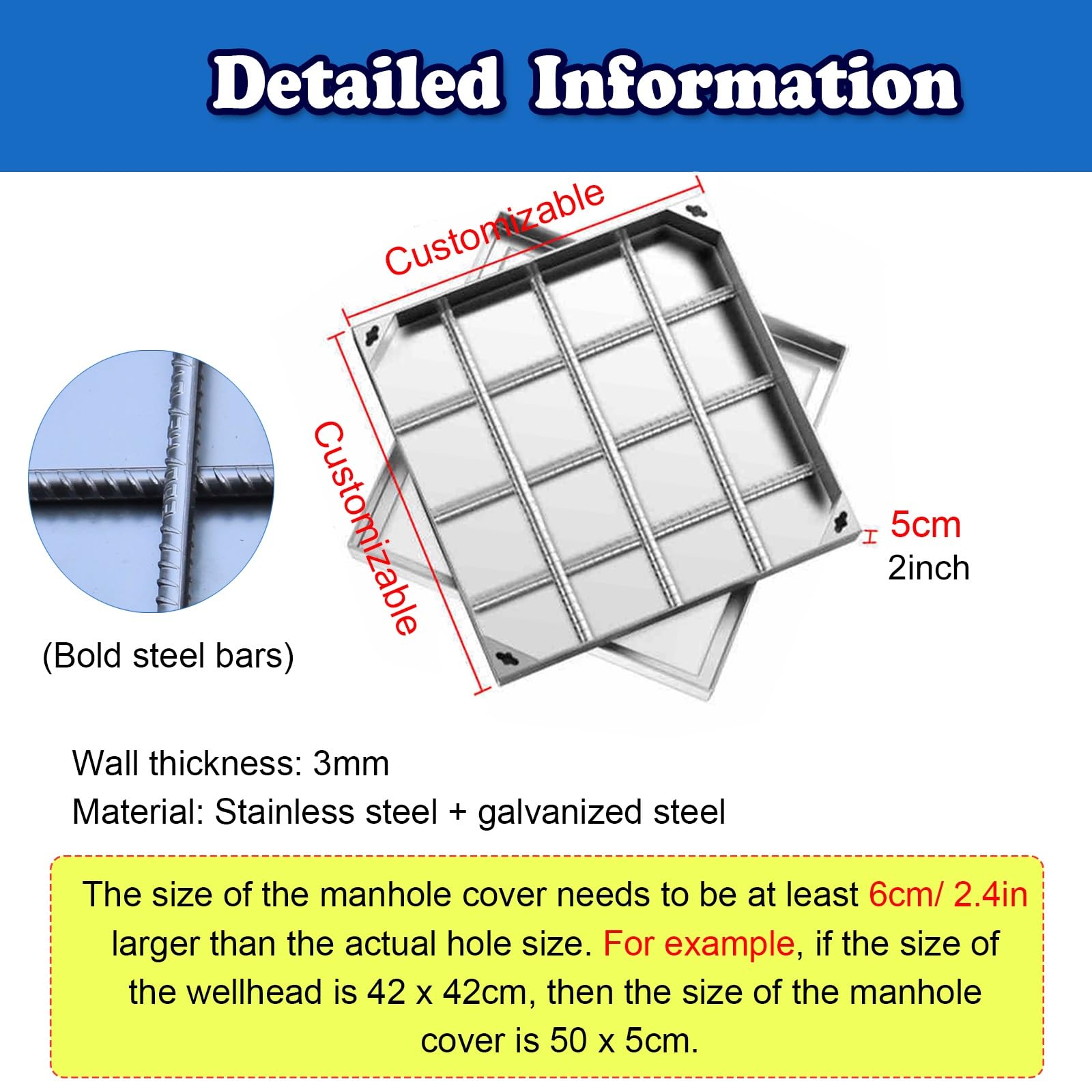 Generico Coperture Invisibili Personalizzabili per Fosse settiche, Coperchio e Telaio per tombino Resistenti, Copertura portante per pozzetti fognari per parcheggi/autostrade (65x50 cm/25,6x19,7 poll