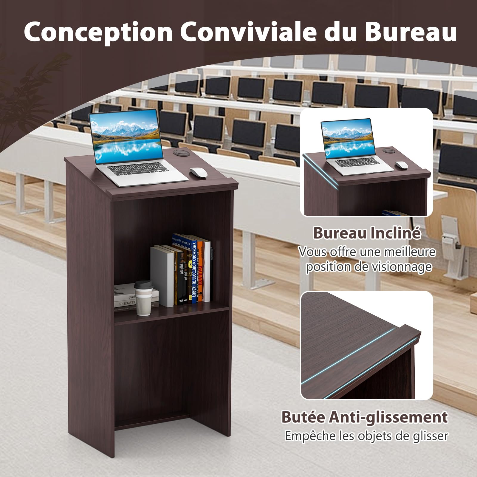 COSTWAY Podium Debout en Bois, Pupitre 117 cm, Surface Inclinée avec Rebord, Lutrin avec Étagère de Rangement et Trous pour Câbles, pour Église, Bureau, École, Séminaire (Brun)
