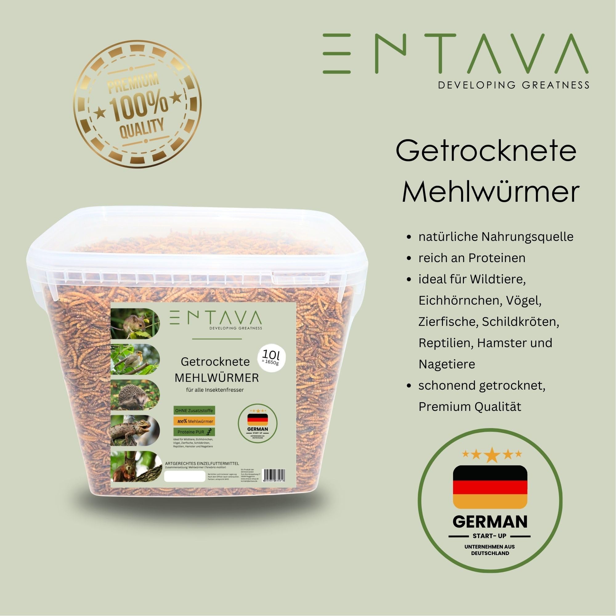 Mehlwürmer getrocknet 10L - Insekten Snack in Premium Qualität, getrocknete Mehlwürmer für Vögel, Fische, Koi, Schildkröten, Nager, Reptilien, Wildvögel, Vogelfutter, Igelfutter
