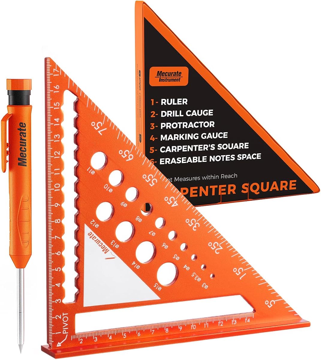 Mecurate Metric Aluminum Alloy Rafter Square (18cm) with 2-in-1 Carpentry Pencil - Durable Measuring and Marking Tool for Woodworking, Construction, and DIY Projects