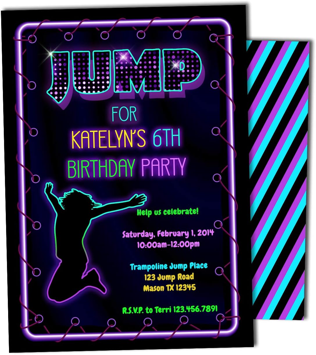 Girls Jump Birthday Invitations Trampoline Park Party Bouncy House Neon Purple, Personalized with Envelopes