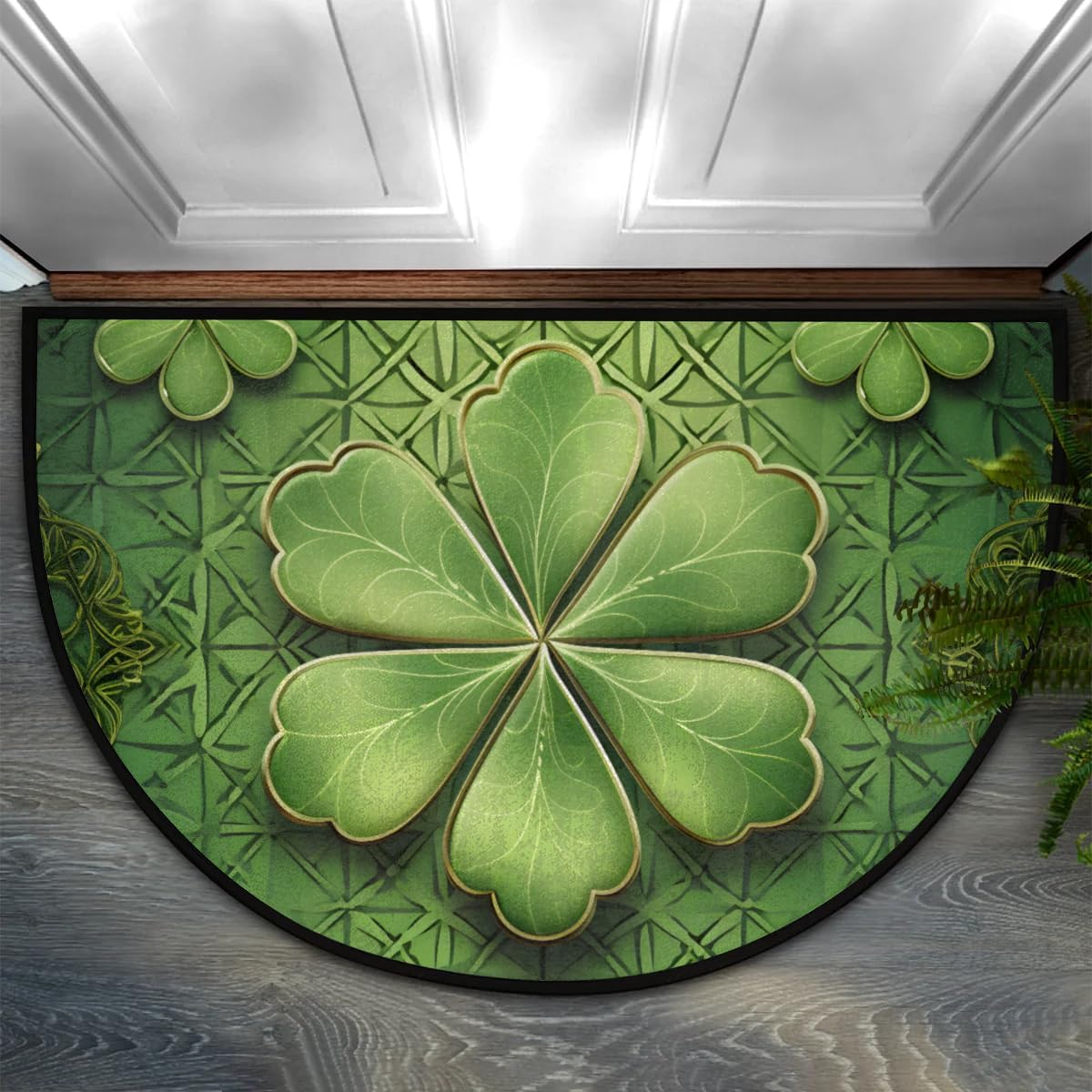 cfpolar Half Round Door Mat Four Leaf Clovers Pattern Non-Slip Semi Circle Area Rug Washable Semi Circle Floor Rug for Indoor Outdoor Living Room Bathroom Kitchen Patio Hearth Rugs Home Decoration