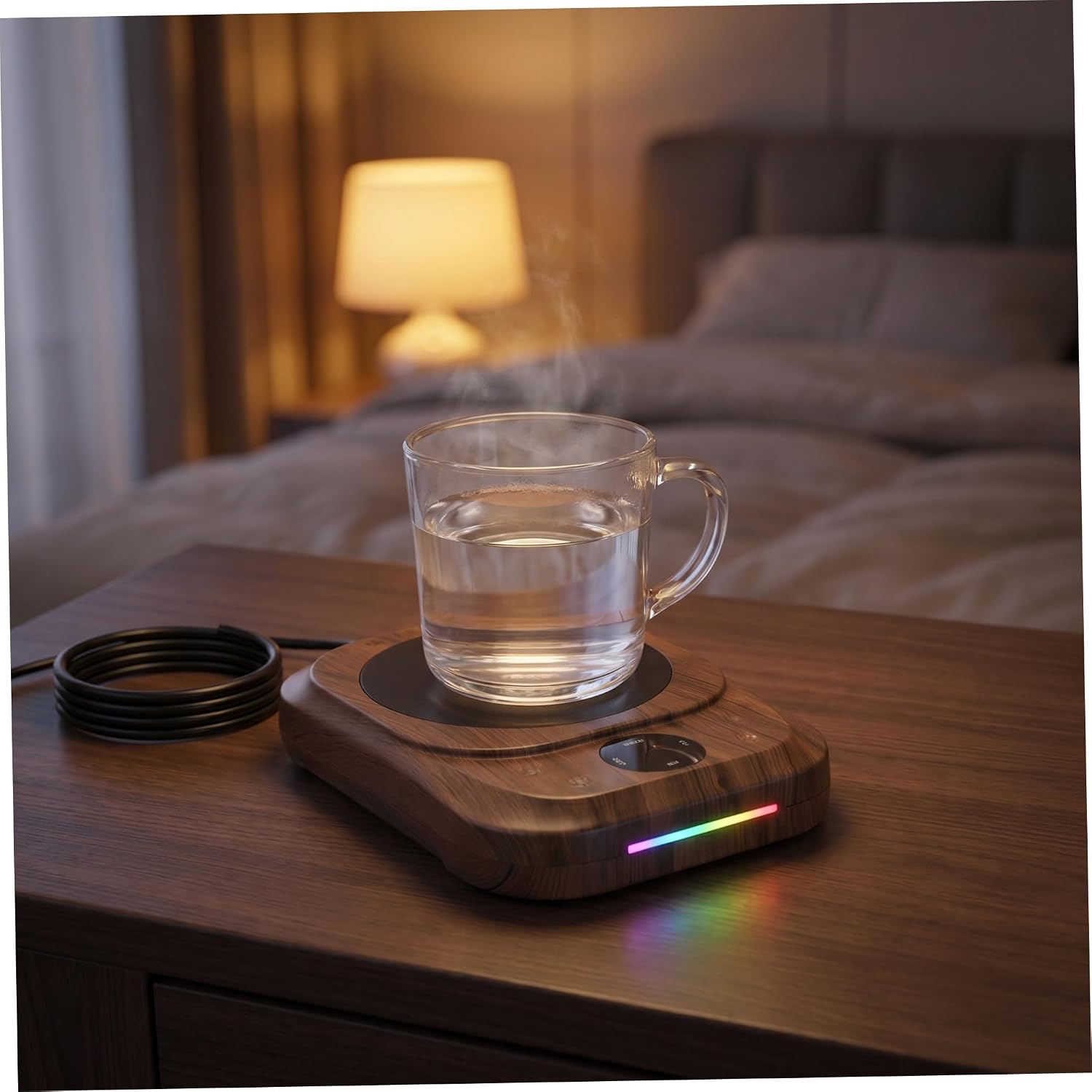 Electric Mug Warmer with Smart Temperature Control and 4 Heat Settings, Oversized Heating Panel and Colorful Ambience Light, Cord, for Coffee and Tea at Home or Desk