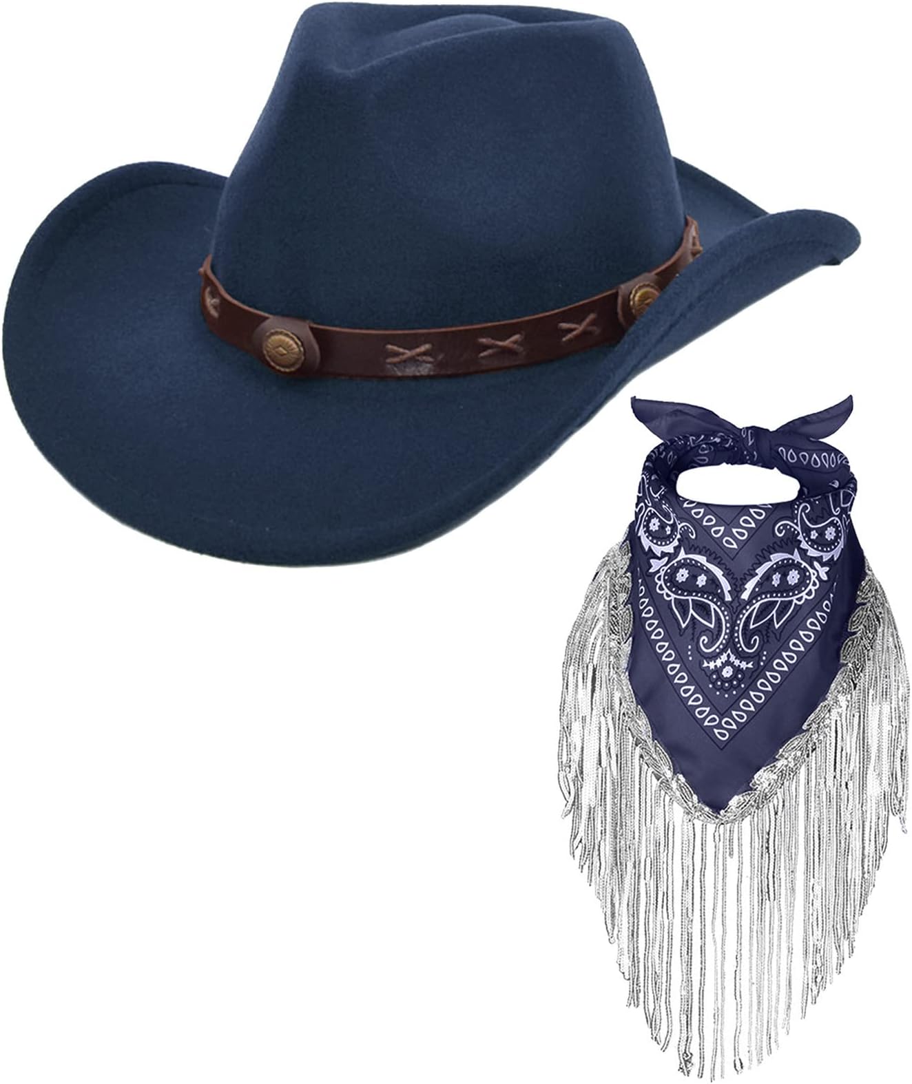Cowboy Hat with Fringed Bandana Set for Women Wide Brim Western Cowgirl Hat Paisley Head Wrap Scarf