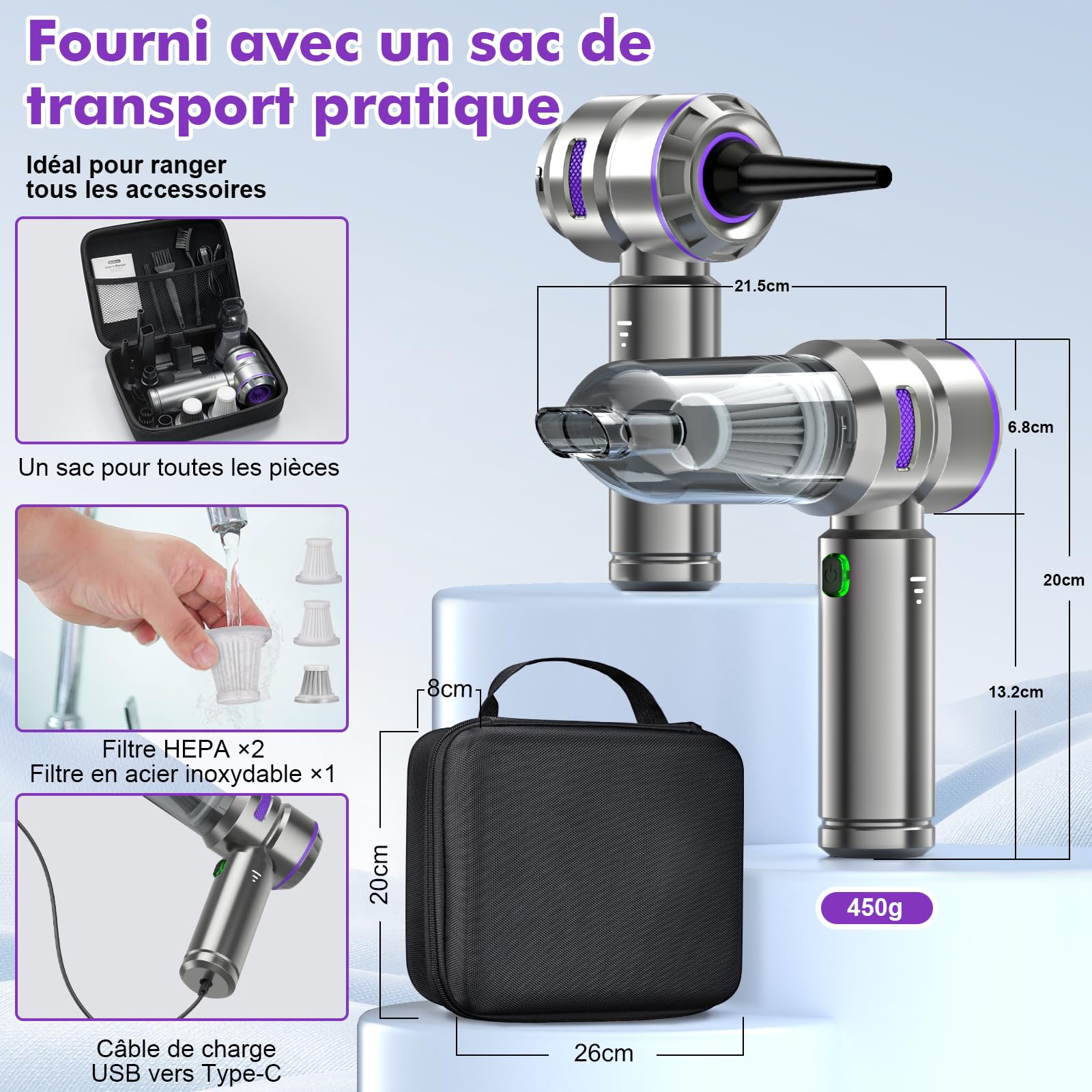 Aspirateur Voiture 4 en 1 Puissant 28000 PA Aspirateur à Main sans Fil 3 Vitesses 240 000 TR/Min pour Voiture, Cuisine, PC, canapé, Bureau, Maison et Nettoyage des Poils d'animaux