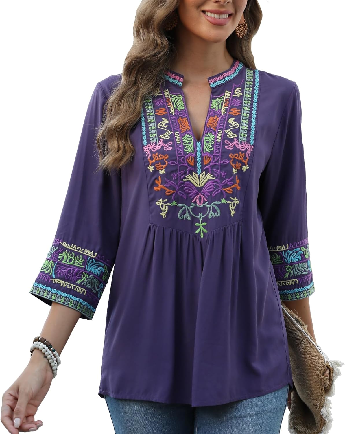 Higustar Mexican Embroidered Tops Boho 3/4 Sleeve Shirts Floral Peasant Tunic Bohemian Fiesta Blouses Clothes for Women