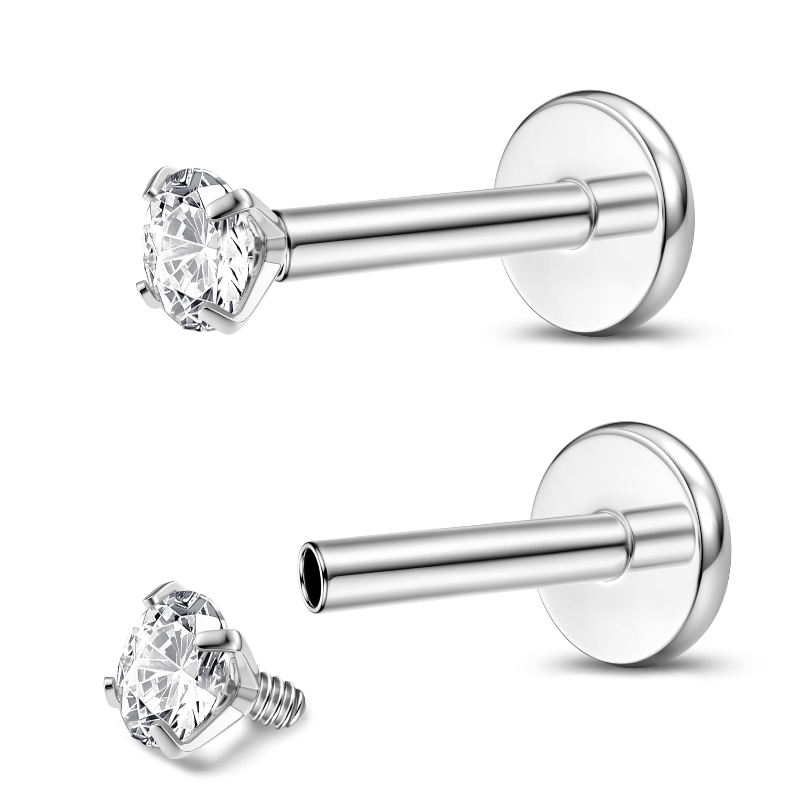 Adramata2Pcs G23 Titanio Piercing Labret Roscado Interno Piercing Labio Monroe Medusa Piercing CZ Pendiente Piercing Pequeño Piercing Nariz Piercing Helix Piercing Tragus Oro Plata Piercing Oreja