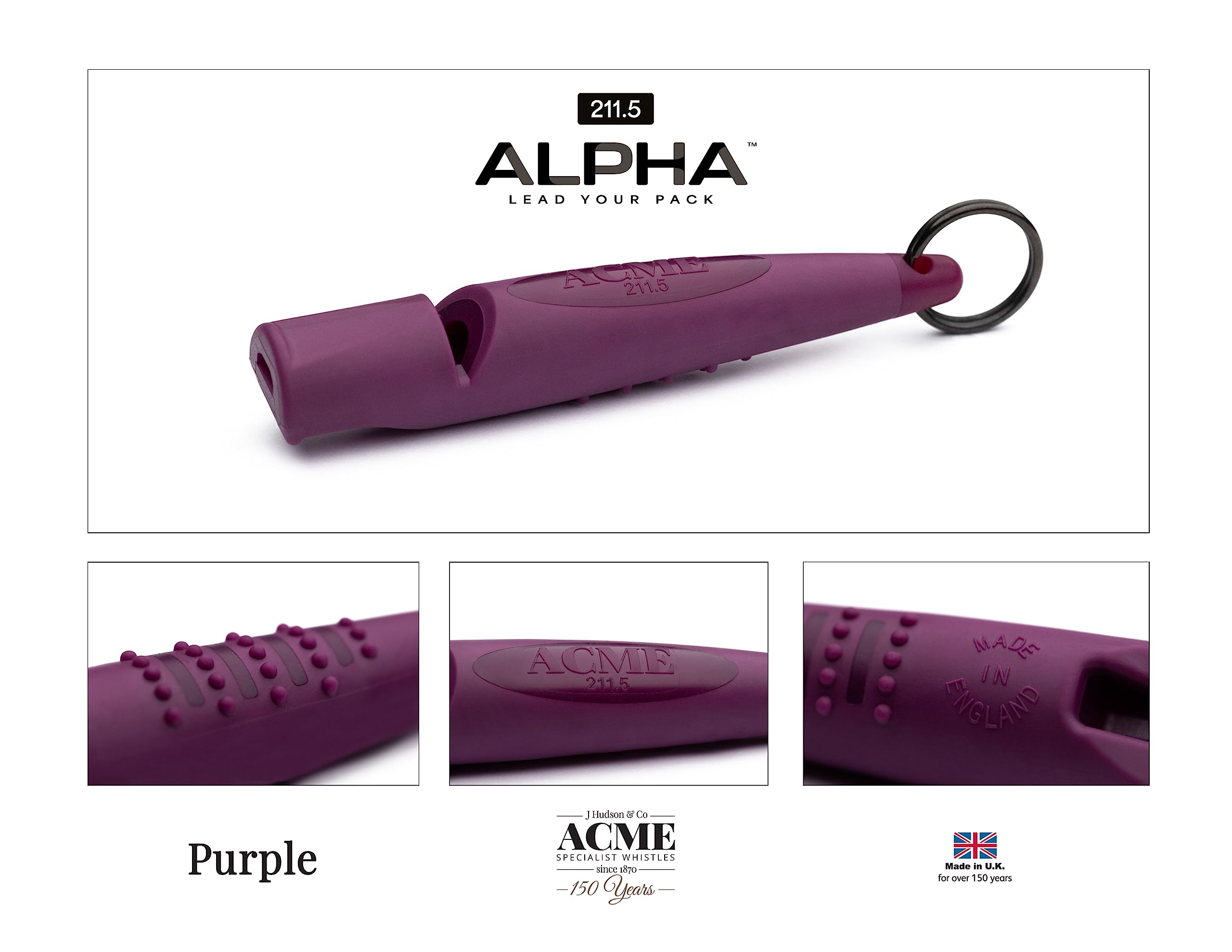 Genuine ACME genuine no. 211 Alpha professional dog training whistle with enhanced ergonomic grip. BPA-free plastic. 110 dBA long range. Made in the UK (Purple)