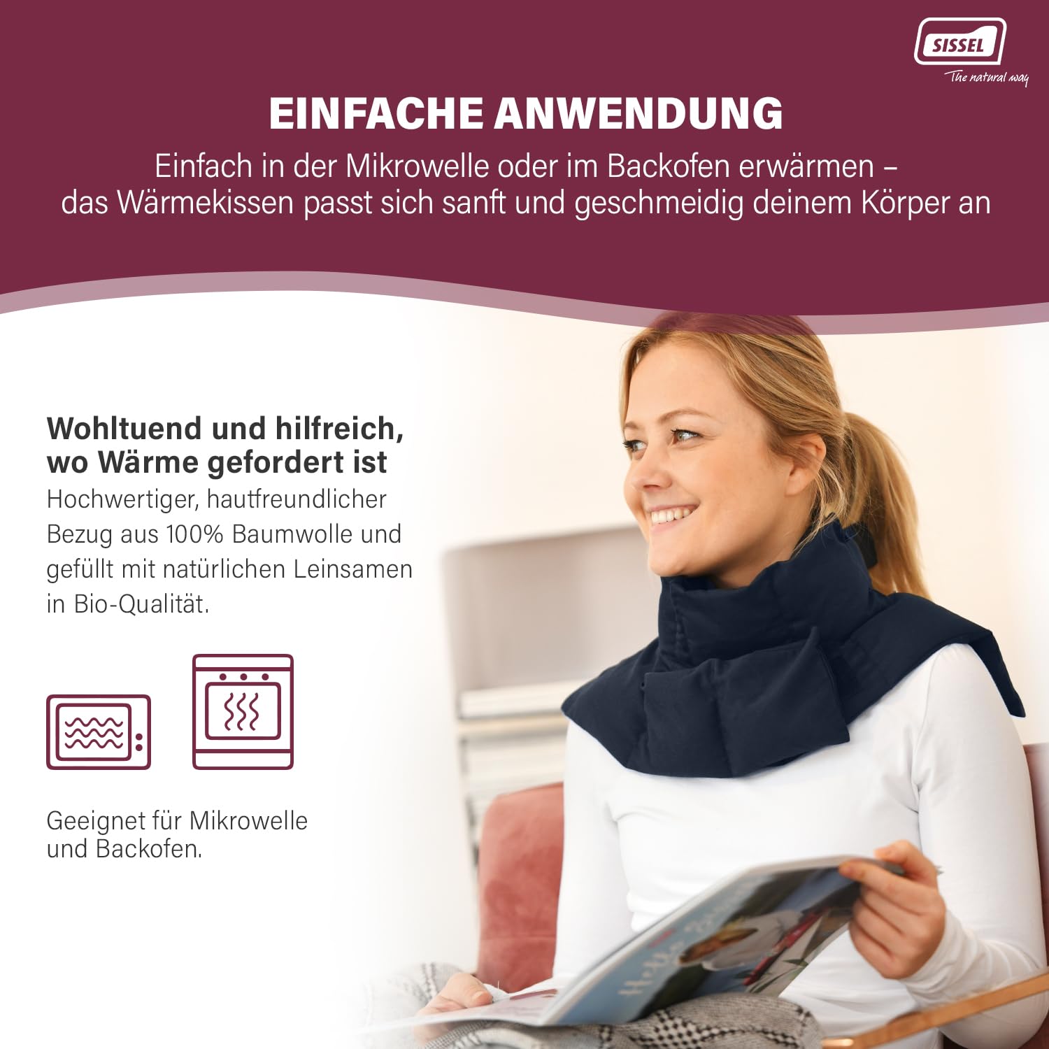SISSEL® Linum Cervico | Ergonomische Wärmeauflage | Natürliche Leinsamen & Baumwolle | Nachhaltig & Wiederverwendbar | Nacken- & Schulterentspannung | Mikrowellen-/Ofengeeignet | 43x26x0,8 cm