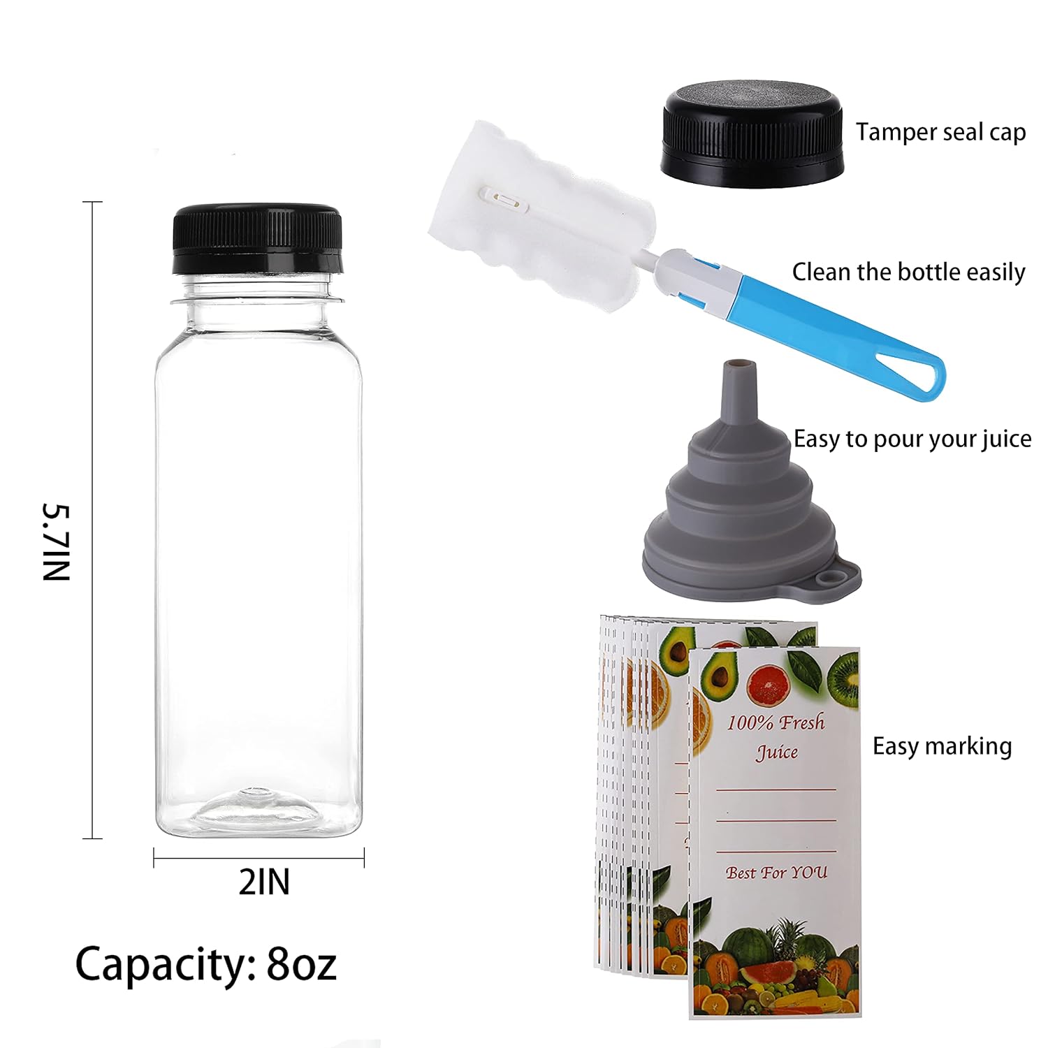 Cedilis 25 Pack 8 Oz Plastic Juice Bottles with Black Cap, Disposable Juice Drink Containers with Lids, Clear Reusable Bottles for Making Juice, Milk, Salad Dressing, Smoothie and Other Beverages