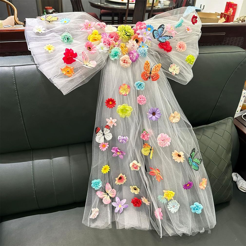 Tüll Schleifen Groß Deko Geschenkschleifen mit Blumen Stuhlschleifen Autoschleifen Hochzeitsschleifen Hochzeitsbogen Tüllstoff Hochzeitsdeko Auto Schmuck für Party Deko 100cmx120cm