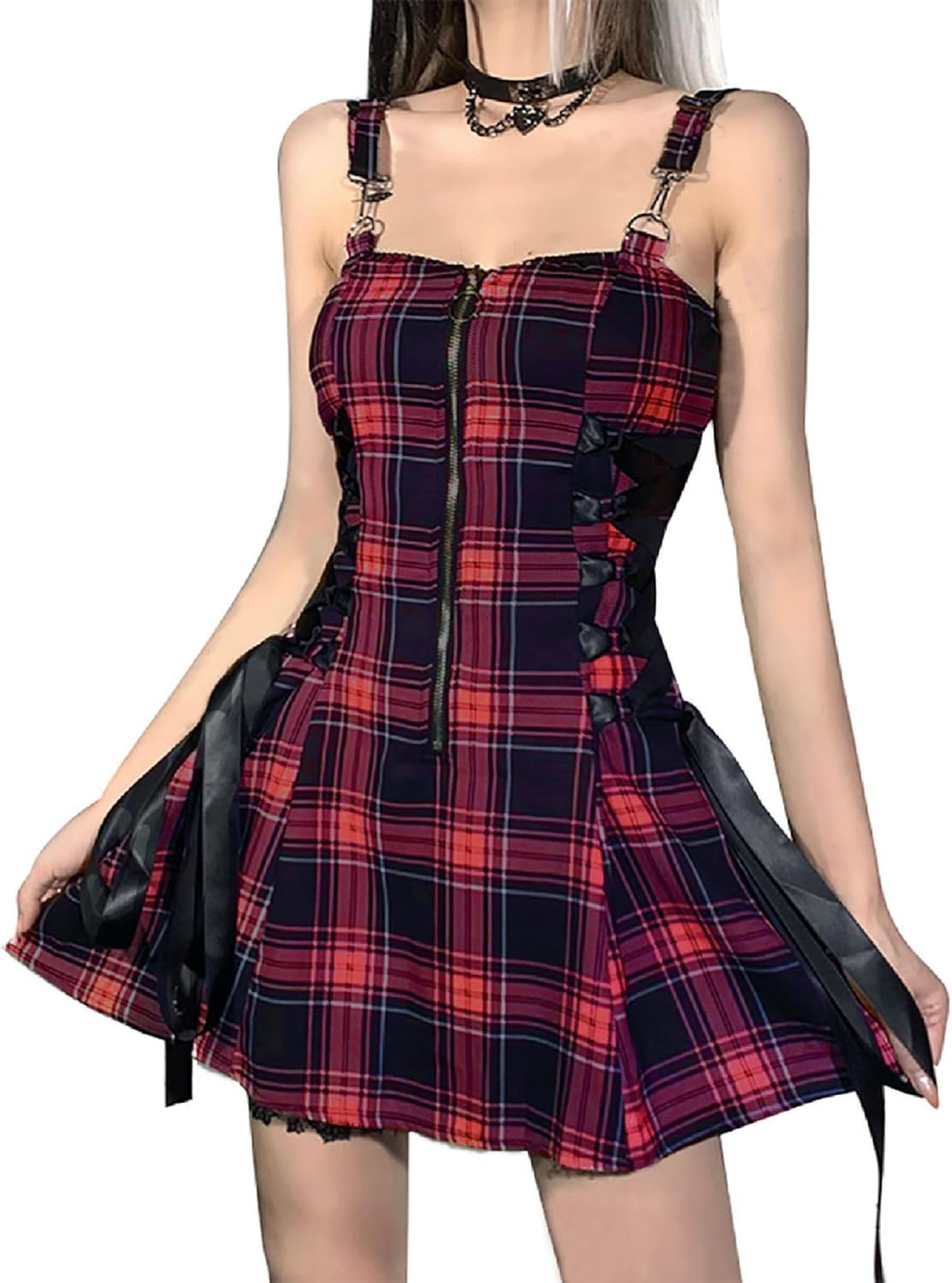 TSMNZMU Womens Gothic Plaid Mini Dress Punk High Waist Dresses Y2K Zipper Mall Goth Grunge Emo Dress X-Large Red Plaid Dress