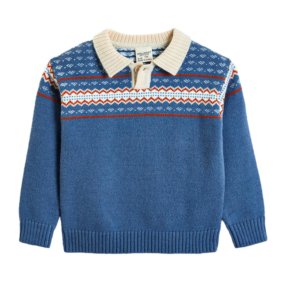Boys Fair Isle Knit Polo Sweater in Blue Color-image-38