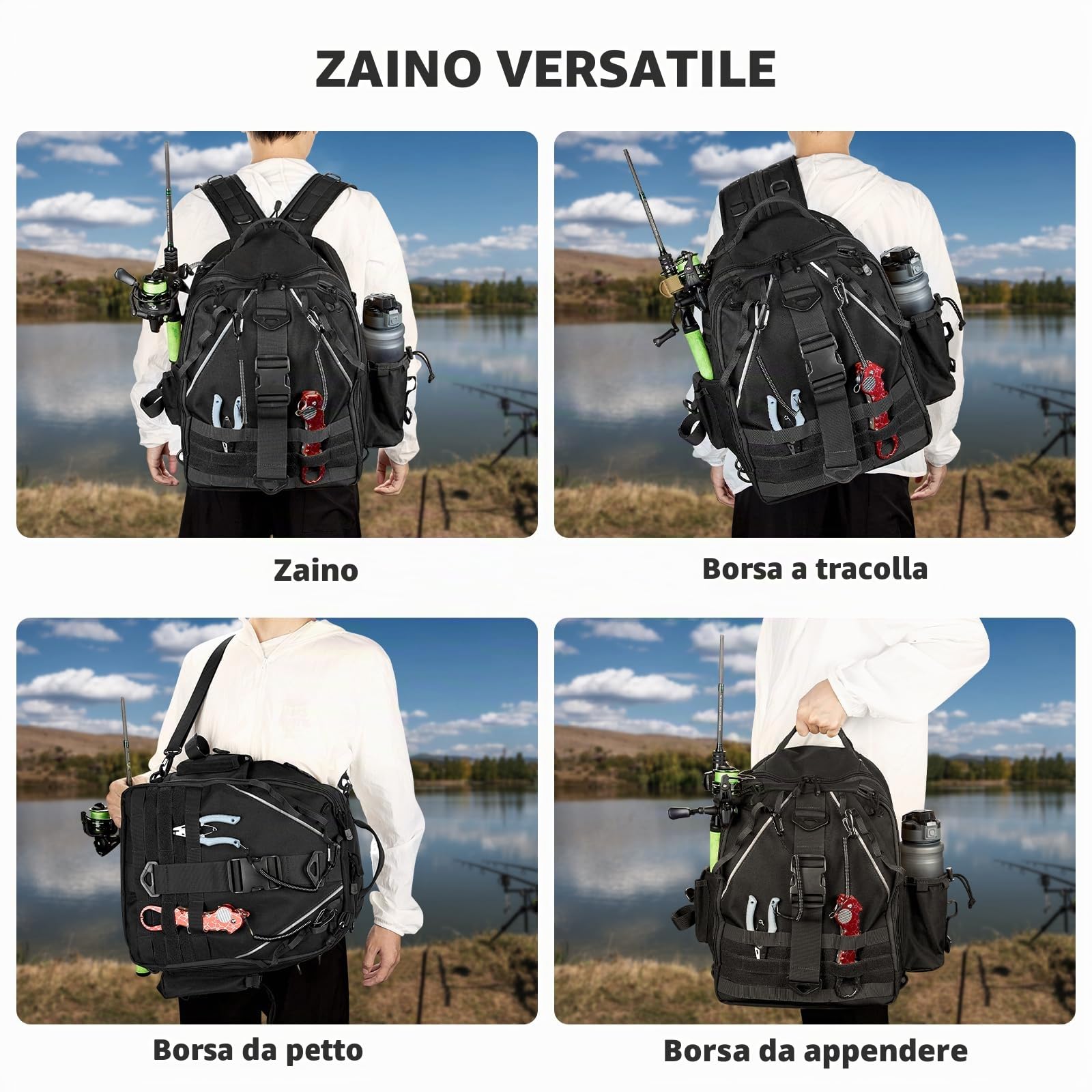 Jueachy Zaino da pesca, borsa da pesca, borsa leggera impermeabile per la pesca all'aperto Borsa da pesca tattica per la pesca escursionismo caccia zaino da pesca con portacanne