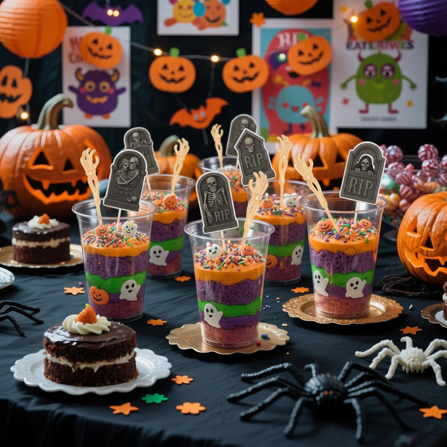 Honeydak 48 Set DIY Halloween Dirt Cups for Party Halloween Skeleton Hand Decorations Graveyard Tombstone Cake Toppers with Horror Zombie Hands Plastic Dessert Cups for Ghost Party(14 oz,Zombie Hands)