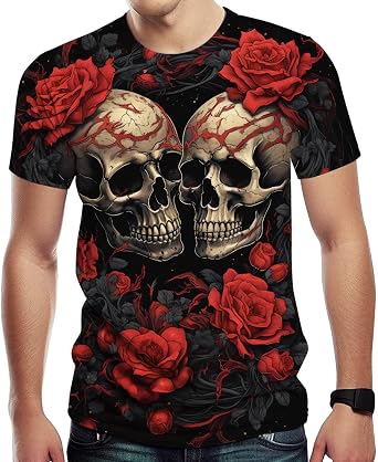 Mens Rose Skull T-Shirt Novelty Graphic Fashion Short Sleeve T Shirts, Small