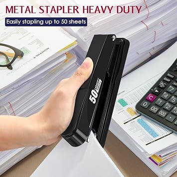 Metal Stapler Heavy Duty 50 Sheet Capacity with 1750 Staples and Staple Remover, Full Strip Staplers for Desk, No Jam, Non-Slip for Office & Classroom, Black