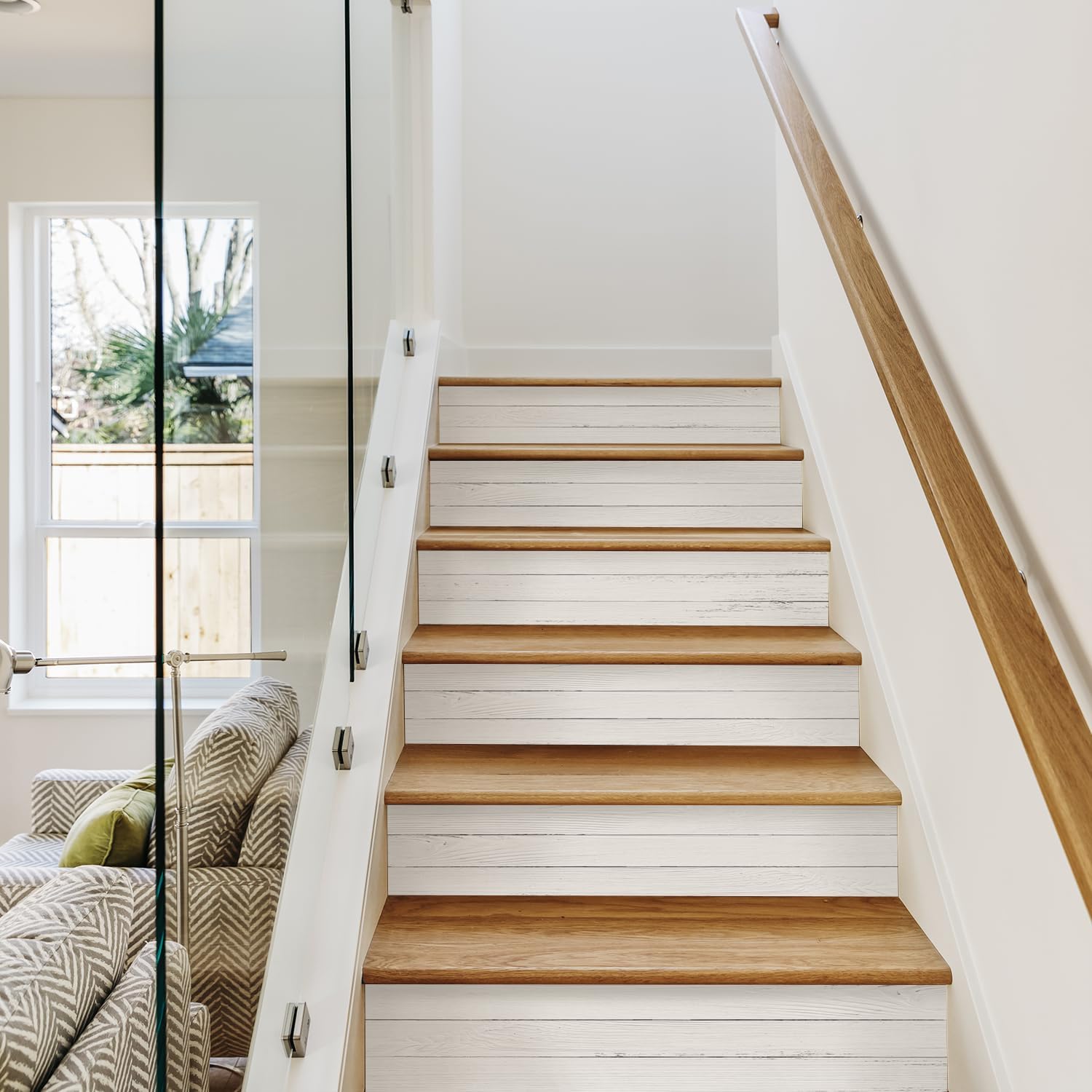 funlife 13PC Self-Adhesive Vinyl Stair Riser Stickers w/Squeegee and Utility Knife, Peel and Stick Staircase Decal Contact Paper for Home Decor, 47.24"x7.09" Scandinavian White Herringbone