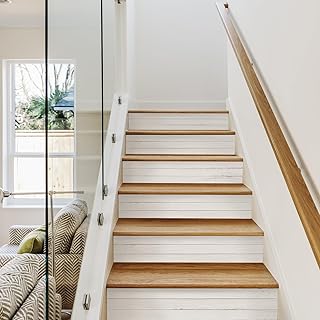 funlife 7PC Self-Adhesive Vinyl Stair Riser Stickers w/Squeegee and Utility Knife, Peel and Stick Staircase Decal Contact Paper for Home Decor, 47.24"x7.09" Farmhouse Style White Wood Pattern