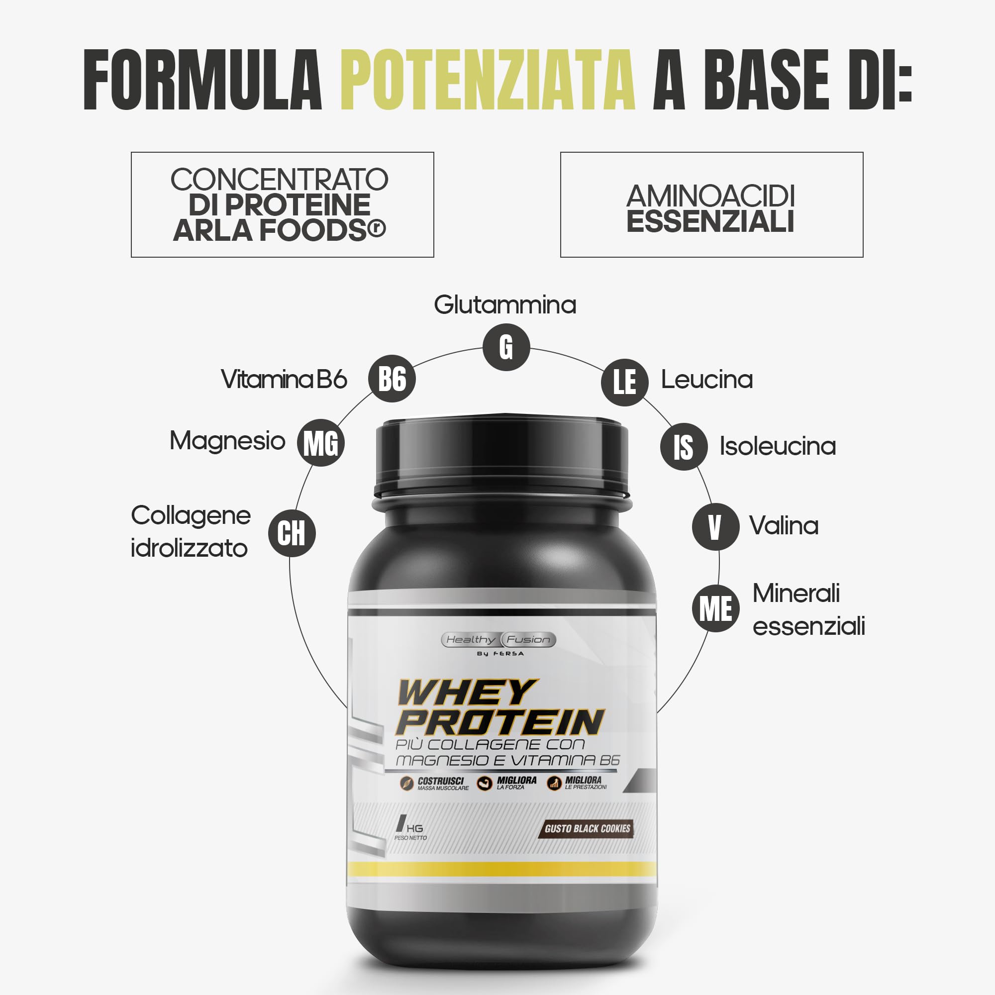 Whey Protein in Polvere Healthy Fusion | Proteina Premium 100% Pura + BCAAS + Aminoacidos | Alto Contenuto Proteico | Maggiore Crescita Muscolare, Recupero e Benessere Generale | Gusto Biscotti 1kg
