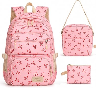 Bow Backpack 3 Piece Set for Girls, Large Capacity School Backpack with Adjustable Straps Cute Coquette Bookbag Rose