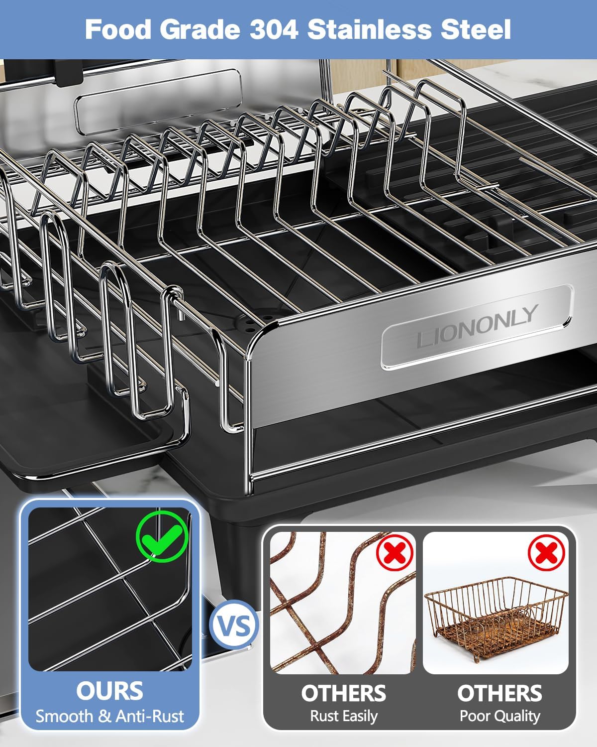 Expandable Dish Drying Rack, Dish Racks for Kitchen Counter, Stainless Steel 304, Flip-Top Retractable Plate, Multi-Directional Adjustable Dish Rack, Space Saving Large Drying Rack Kitchen, Black