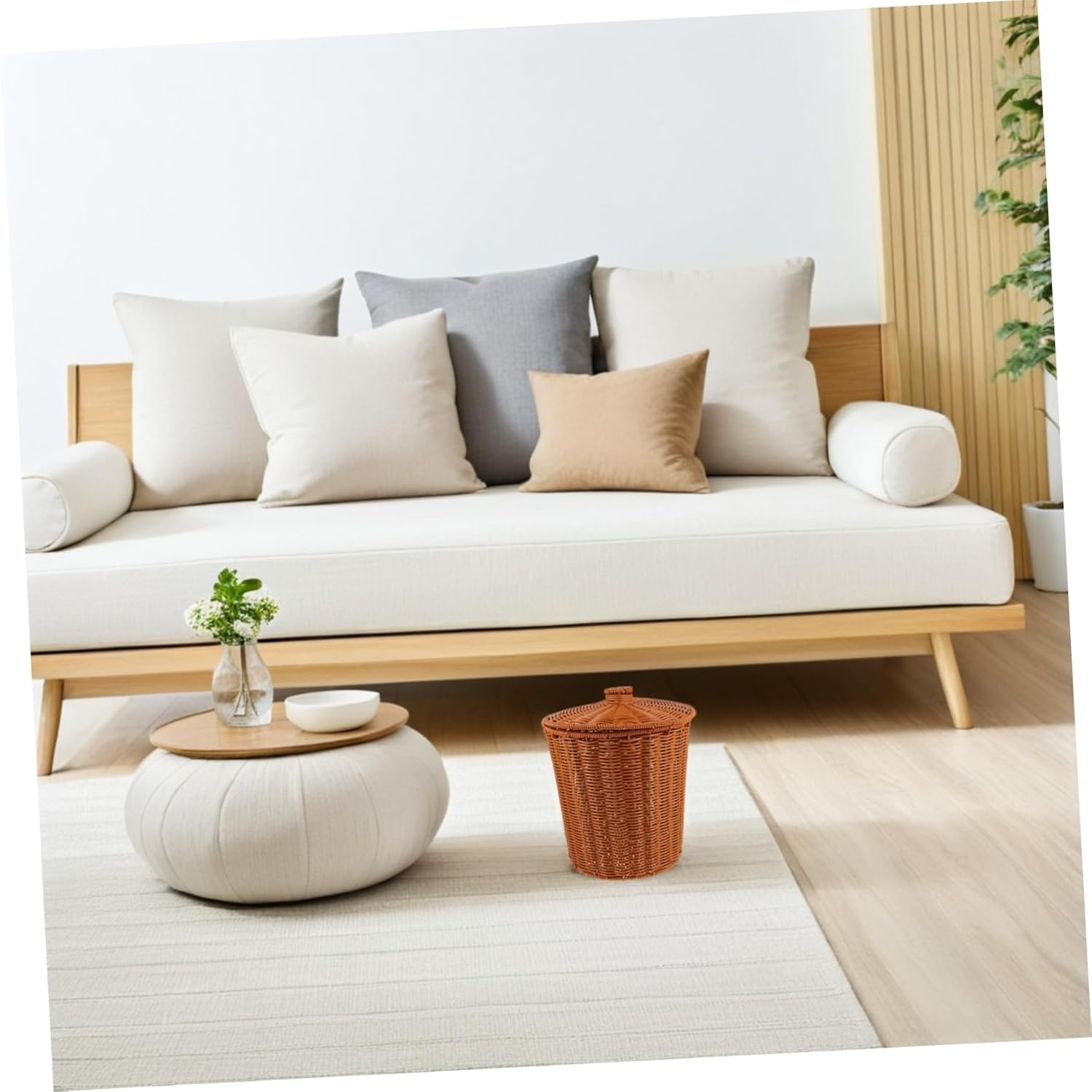 Wakauto Plastic Woven Storage Basket with Lid Multi Purpose Sundry Organizer for Home Bedroom Bathroom Nursery Lightweight Covered Bin for Laundry Trash and Storage