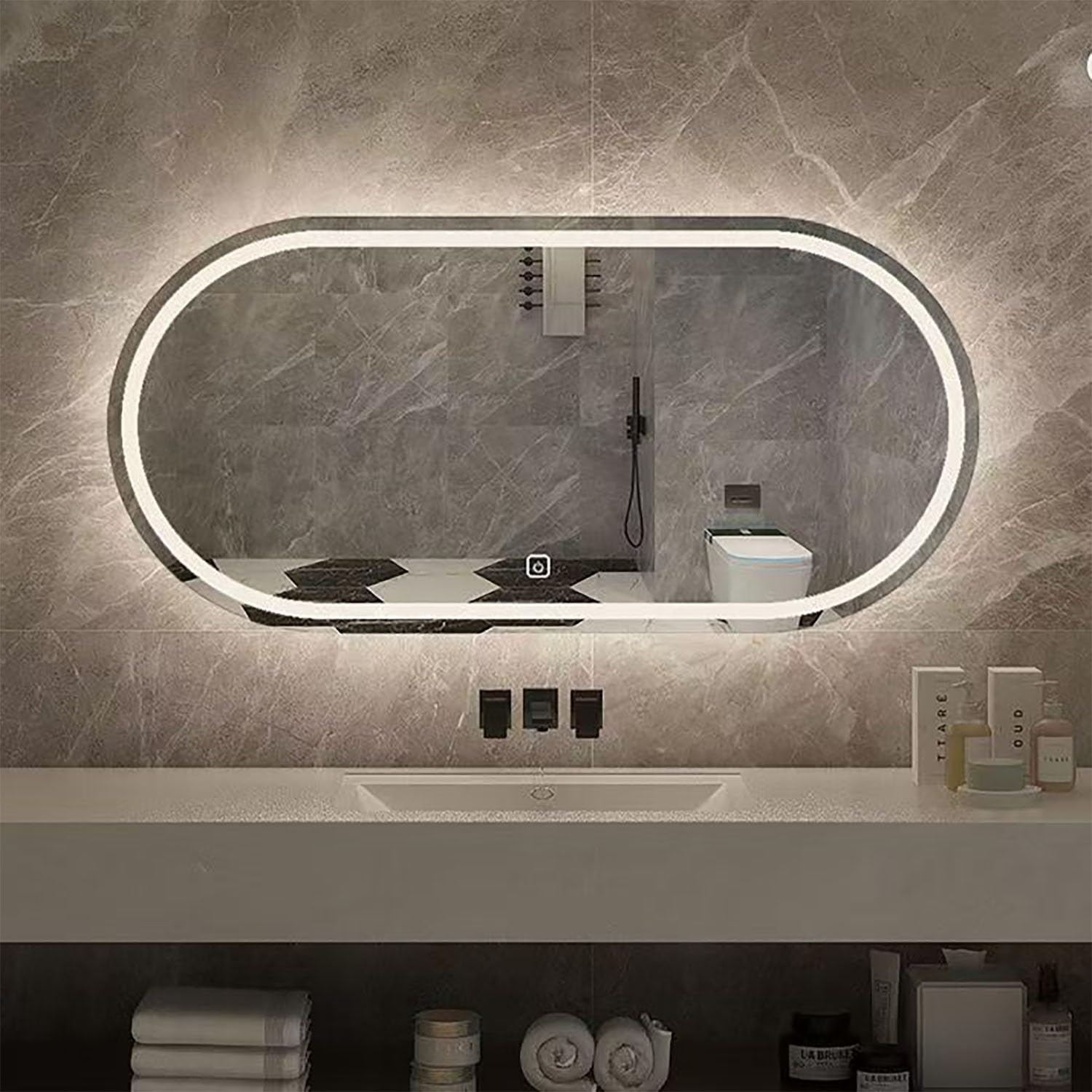 Espejo de baño Grande de pared, Espejo de tocador ovalado LED de 122 cm con interruptor táctil, 3 Colores regulables, Espejo Decorativo Moderno e Inteligente antivaho (90 x 60 cm) (Un Solo c