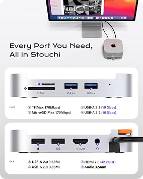 Stouchi Mac Mini M4 Dock with 8TB M.2 NVMe/SATA SSD Enclosure, 4K@60Hz HDMI, 2x USBA 10Gbps, SD/TF Card Reader, 3.5mm Audio, 2x USBA 3.0, Easy Power Button & Stable Wi-Fi for Mac Mini M5/M4 Pro(2024)