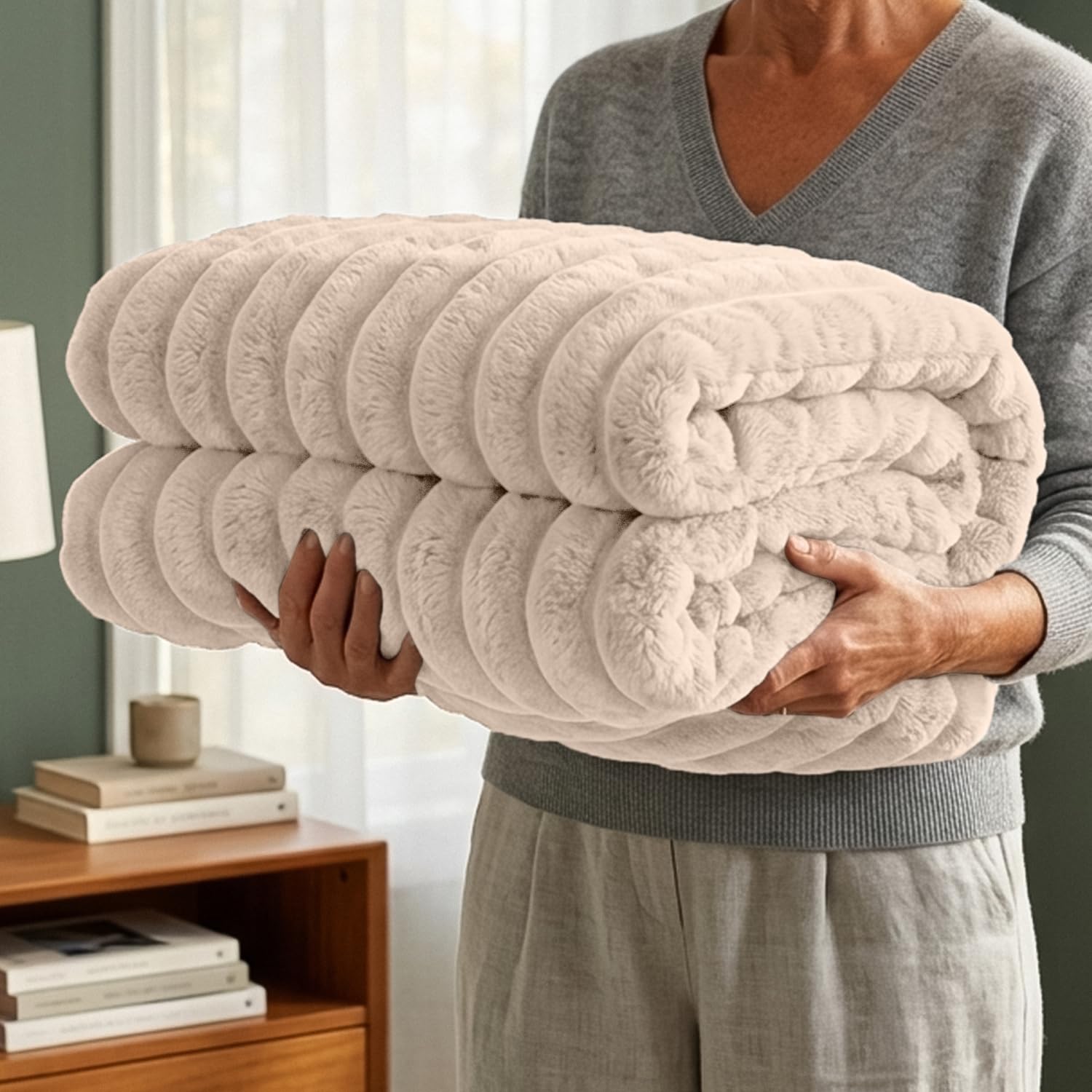 Casabella Throw Blanket - Ribbed Fleece Blanket - Soft Fluffy, Warm & Cosy Sofa Throw - Large Fleece Blanket for Sofa Bed, Couch, Bedding - King Size 200x240 - Cream