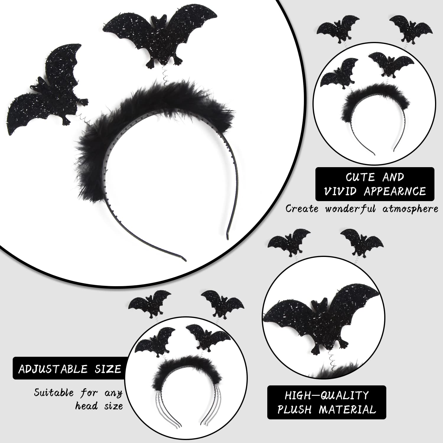VEYLIN 2pcs Halloween Headbands, Black Bat Halloween Headbands for Adults Fancy Dress Ladies Fluffy Head Hair Band Headband - Image 3