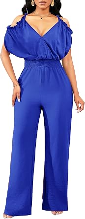 SxClub Off the Shoulder Jumpsuits for Women Dressy Long Pants with Pockets