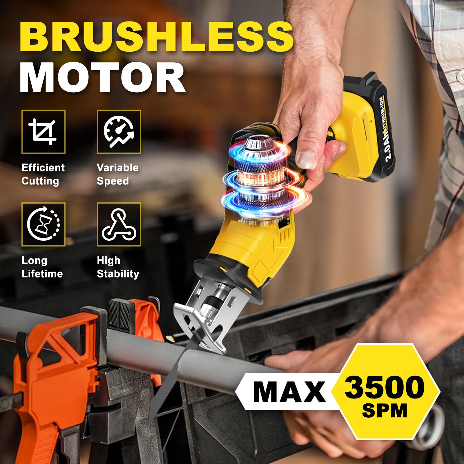 FULLYEA Cordless Reciprocating Saw – 0-3500 RPM, 2 Batteries, 4 Blades, Tool-Free Change, Lightweight For Wood, Metal & PVC