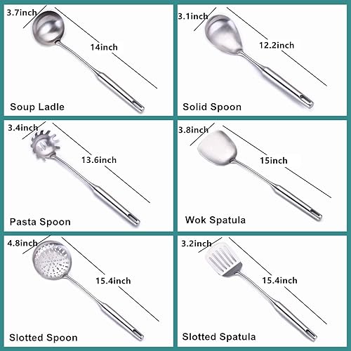 Miniatura 3 de Juego de utensilios de cocina de acero inoxidable para servir de metal, juego de 6 piezas de espátula Wok, cuchara ranurada, cuchara para pasta,