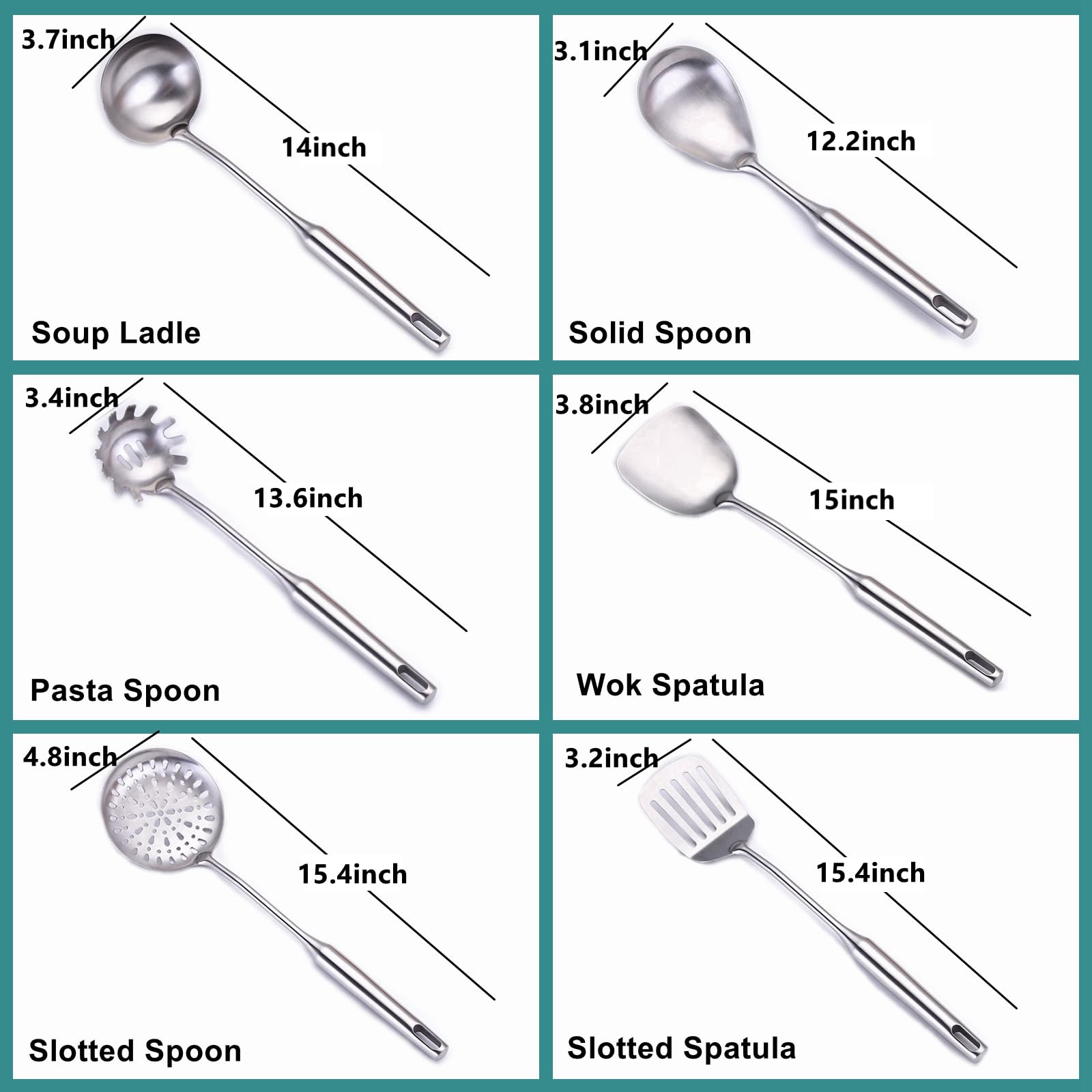 Kochutensilien-Set aus Edelstahl, Küchenutensilien, 6-teilig, Wok-Spatel, Schöpflöffel, Schaumlöffel, Nudellöffel, Servierlöffel, Schlitzspatel, Tunnel, spülmaschinenfest