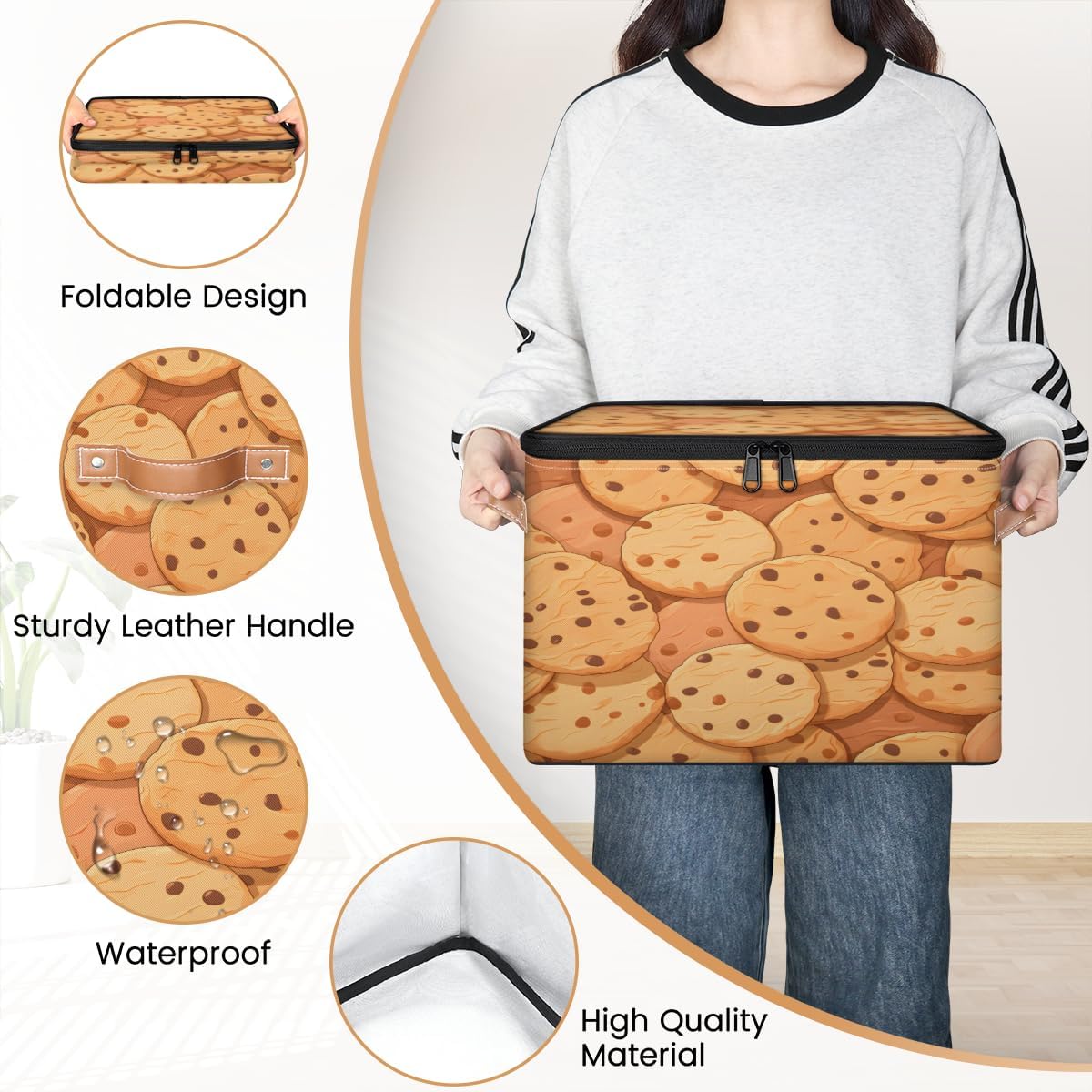 Storage Bin Set of 2 Cookies Storage Basket with Zipper Lid & Handle Foldable Closet Shelf 2 Pack Cloth Organizer Basket Cube Bins Clothes Organizer for Bedroom, Nursery