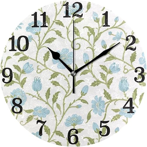 KLL Retro Light Blue Floral Pattern William Morris Style 10 Inch Round Battery Powered Wall Clock noiseless Deco for Home School Living Room reloj