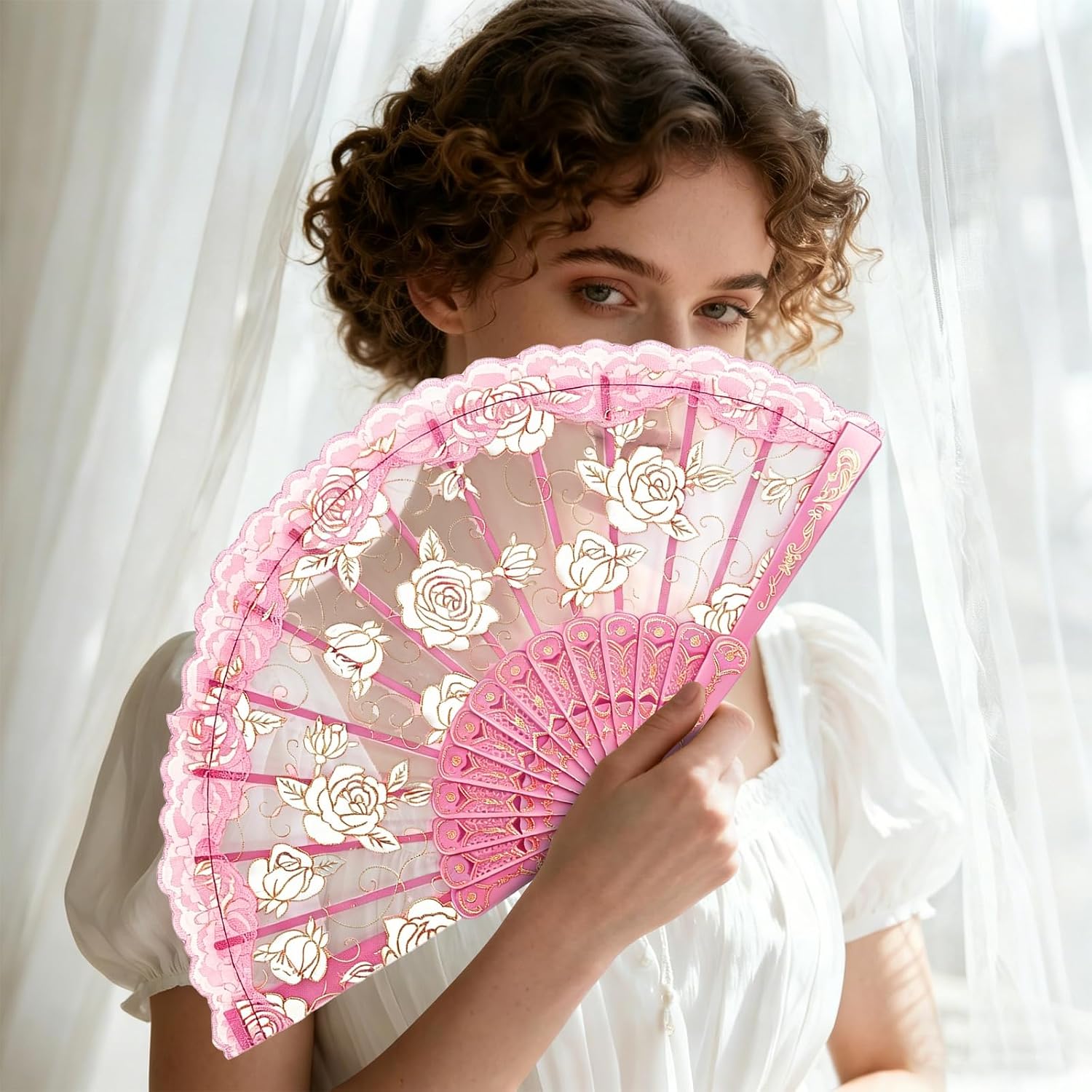 TRENDBOX Flower Rose Lace Handheld Chinese Folding Fan For Dancing Ball Parties Ladies - Rose Pink