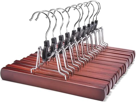Nature Smile Wooden Pants Skirt Hangers, Smooth Finish Solid Wood Non Slip Jeans Slack Clamp Hangers Hair Extension Hangers 10 Pack Cherry...