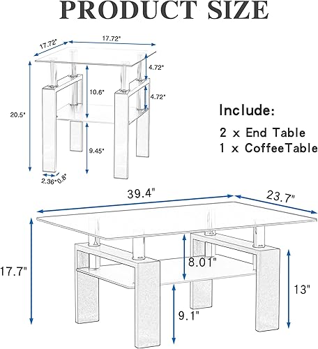 Miniatura 3 de Meihua Juego de 3 mesas auxiliares de cristal y mesa auxiliar, moderno juego de mesa de sala de estar con marco de vidrio templado y metal, mesa