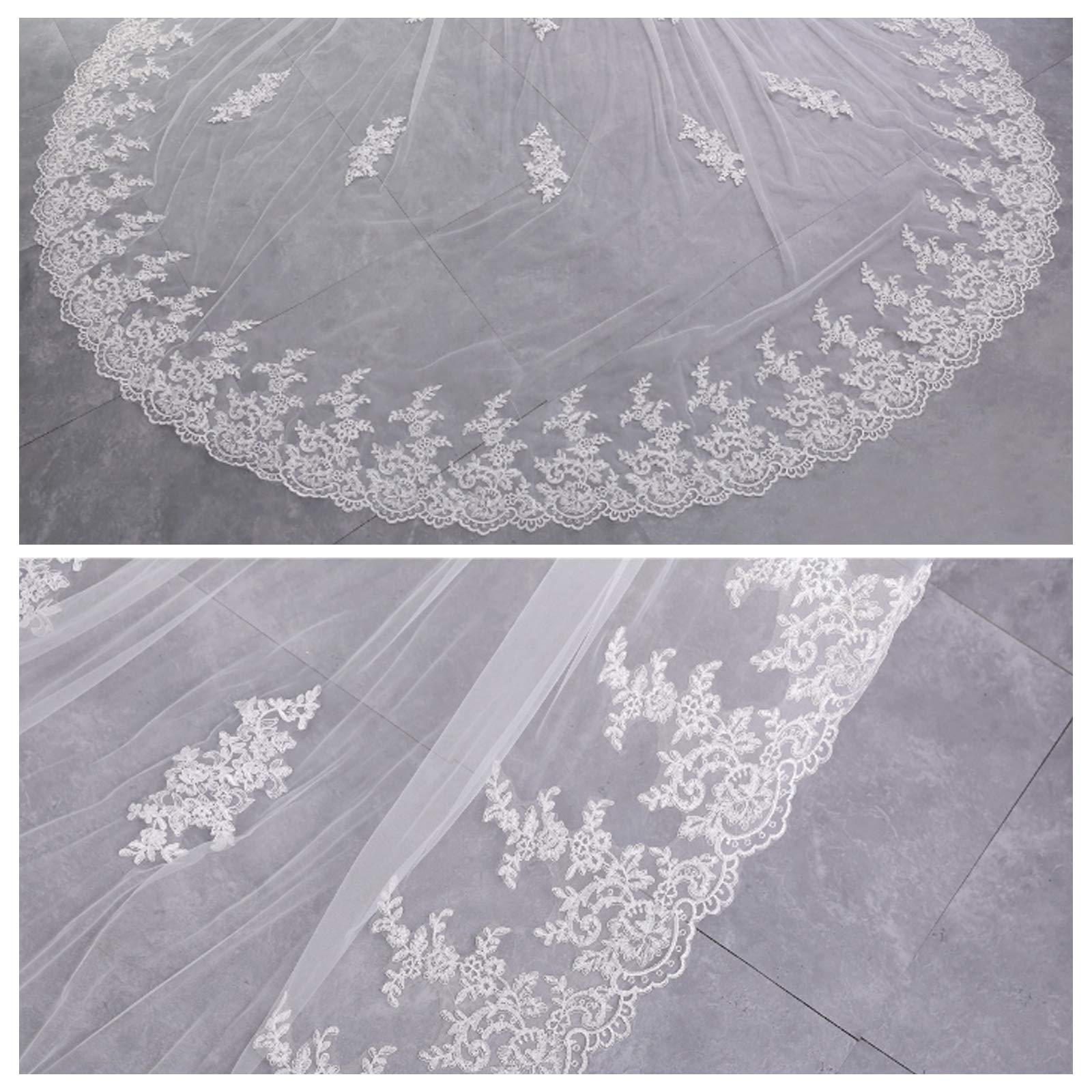Velo da sposa doppio strato da sposa in pizzo super lungo bianco avorio con applicazioni in pizzo lunghezza bordo del nastro per accessori per capelli regalo cattedrale pettine (3,5 * 3 m), avorio (