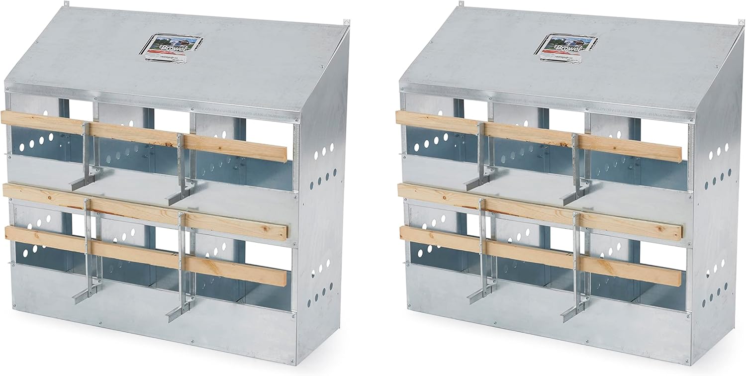 Brower 406B Galvanized Steel 6 Hole, 30 Bird Outdoor Poultry Nest Chicken Brooding Box with Hinged Folding Perches, Silver (2 Pack)