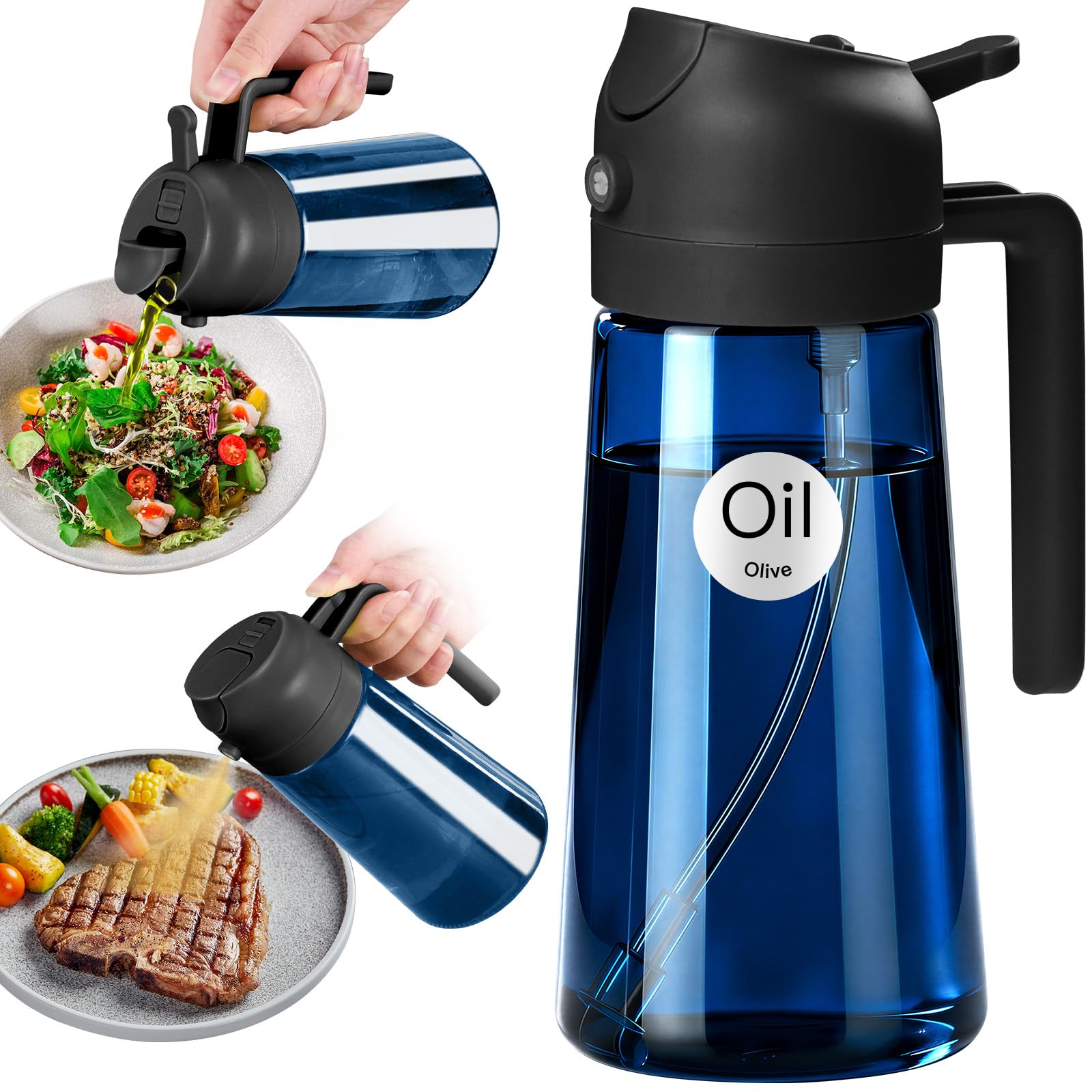 YARRAMATE 16oz/470ml Light-Blocking Dark Oil Sprayer for Cooking, 2 in 1 Olive Oil Dispenser Bottle for Kitchen, Premium Dark Blue Glass Oil Bottle for Air Fryer, BBQ (Black) — image 1