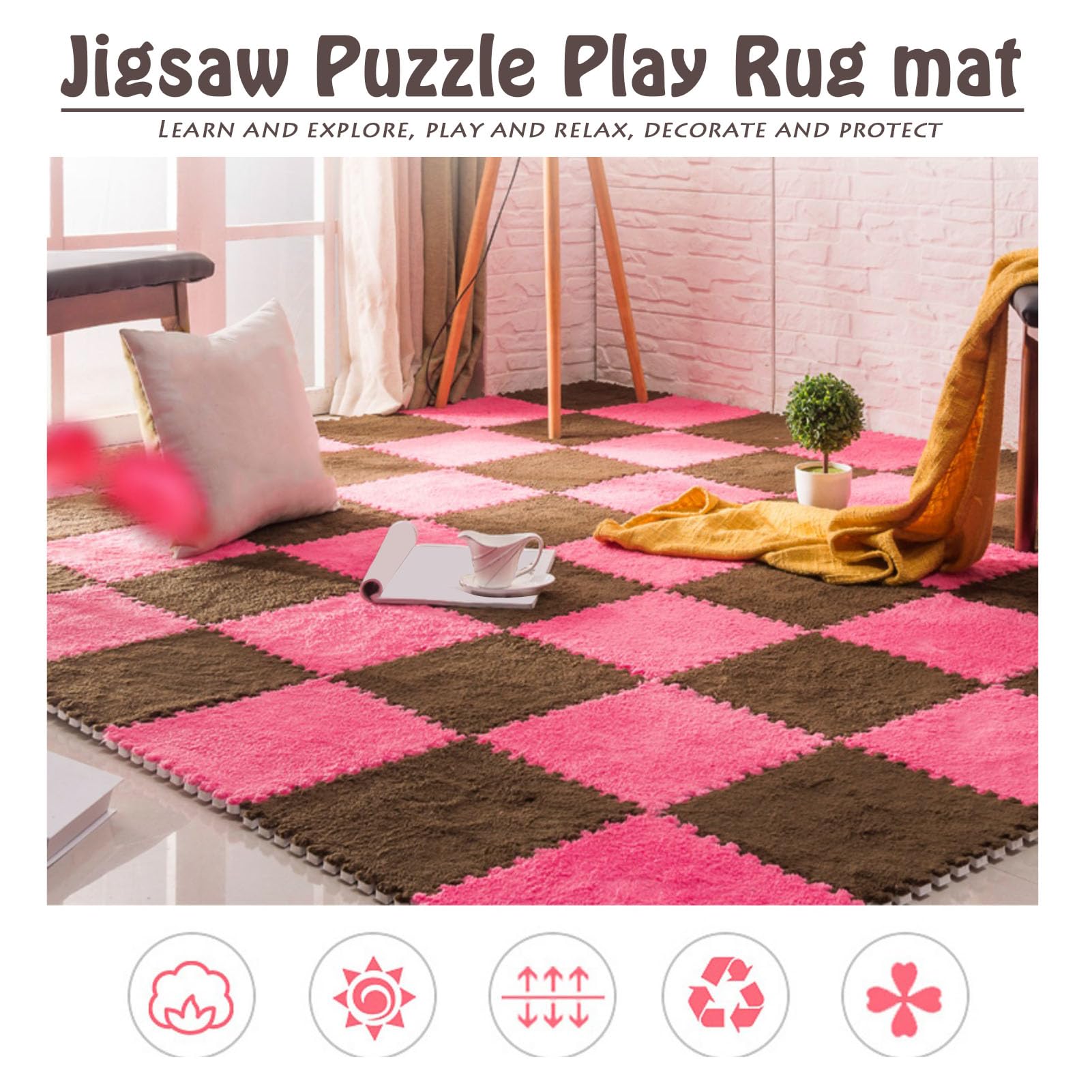 4 Szt. Miękkie Puszyste Płytki Dywanowe, Blokująca Mata Do Zabawy, Pluszowe Puzzle Piankowa Mata Podłogowa Do Salonu, Sypialni, 12x12 Cali(Size:0.23 Inch,Color:Khaki)