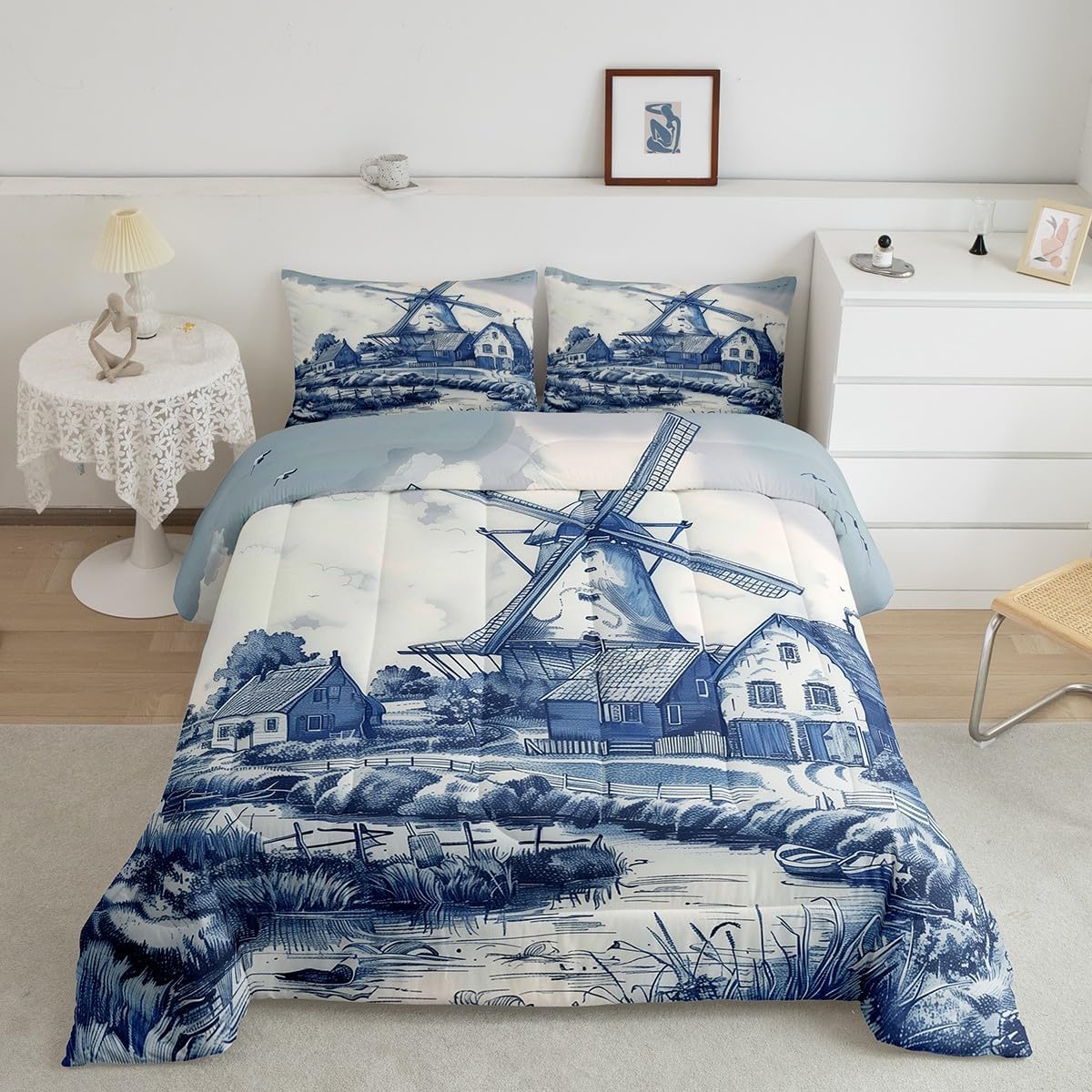 Erosebridal Vintage Dutch Windmill Bedding Set Queen Size Delft Blue Farm Comforter Rustic Farmhouse Duvet Insert,Soft Lightweight