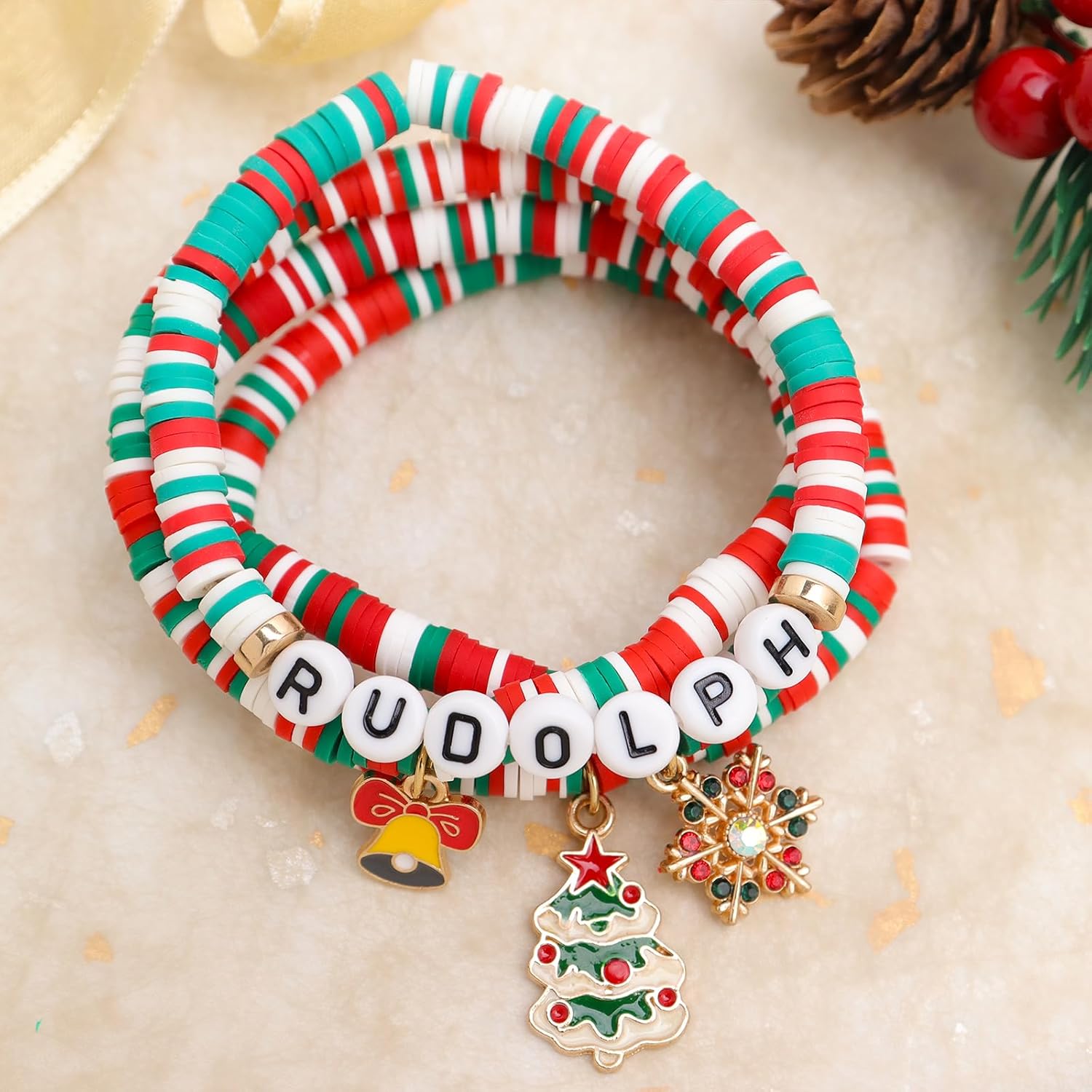 Christmas Clay Bracelets Stack Set for Women, Cute Charm Heishi Beaded Stretch Bracelets Holiday Festive Holiday Accessories Jewelry Gifts. - Image 5