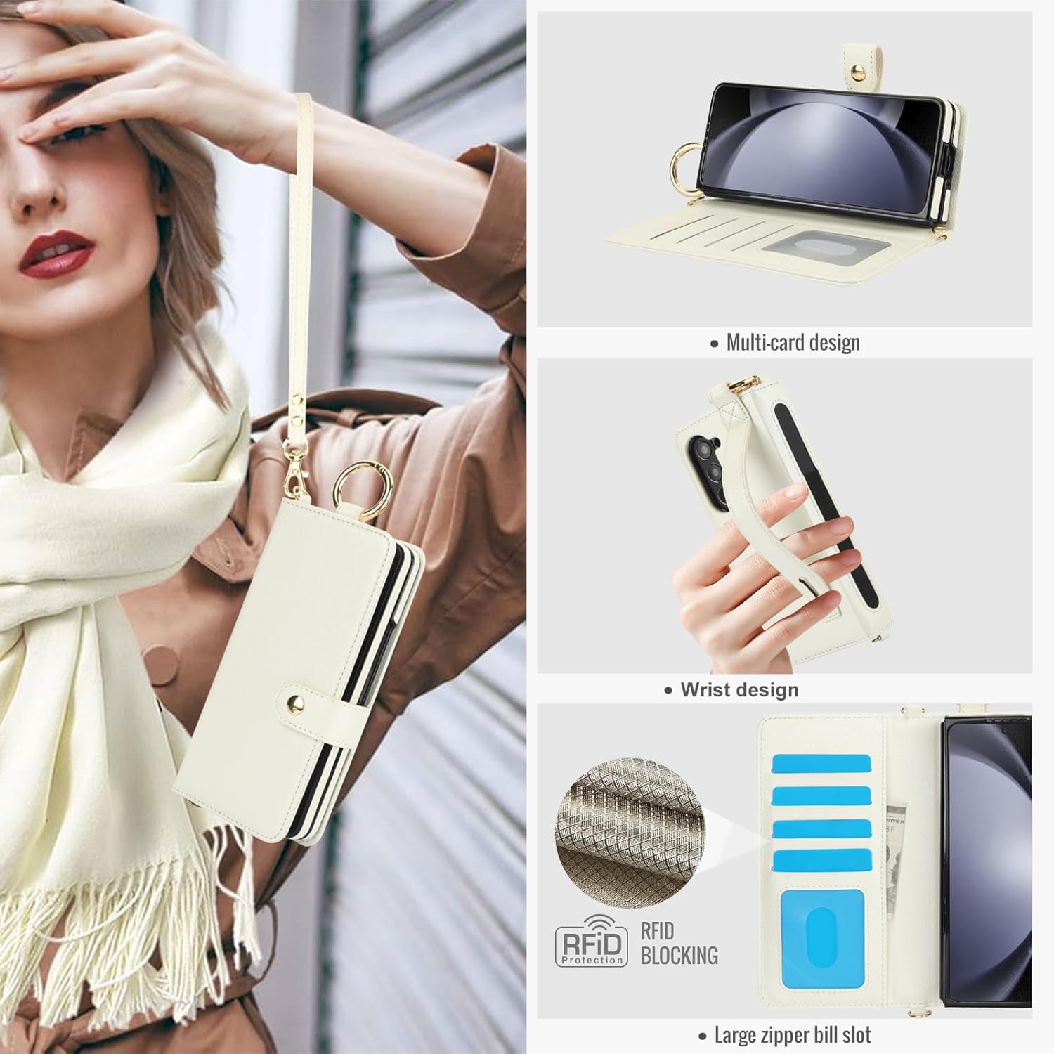Asuwish Phone Case for Samsung Galaxy Z Fold 5 5G 2023 Wallet Cover with S Pen SPen Slot Credit Card Holder Stand RFID Blocking Wrist Strap Cell Accessories ZFold5 Z5 G Fold5 5Z Women Men Off White